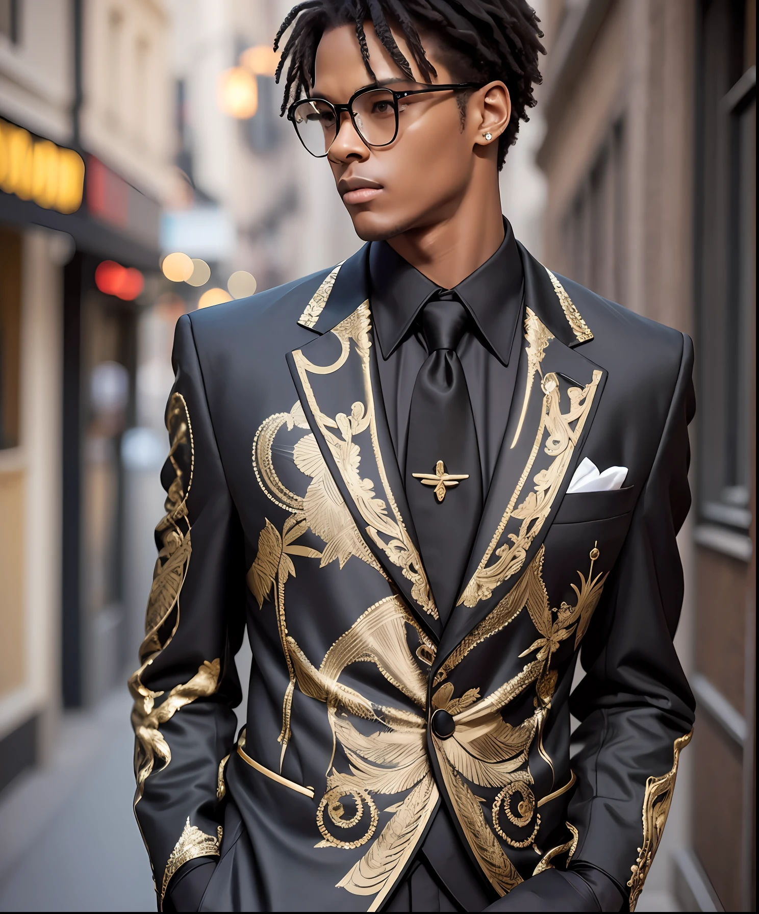 A black male suit on a mannequin. Black suit with sophisticated gold details. Simple and discreet. --auto --s2