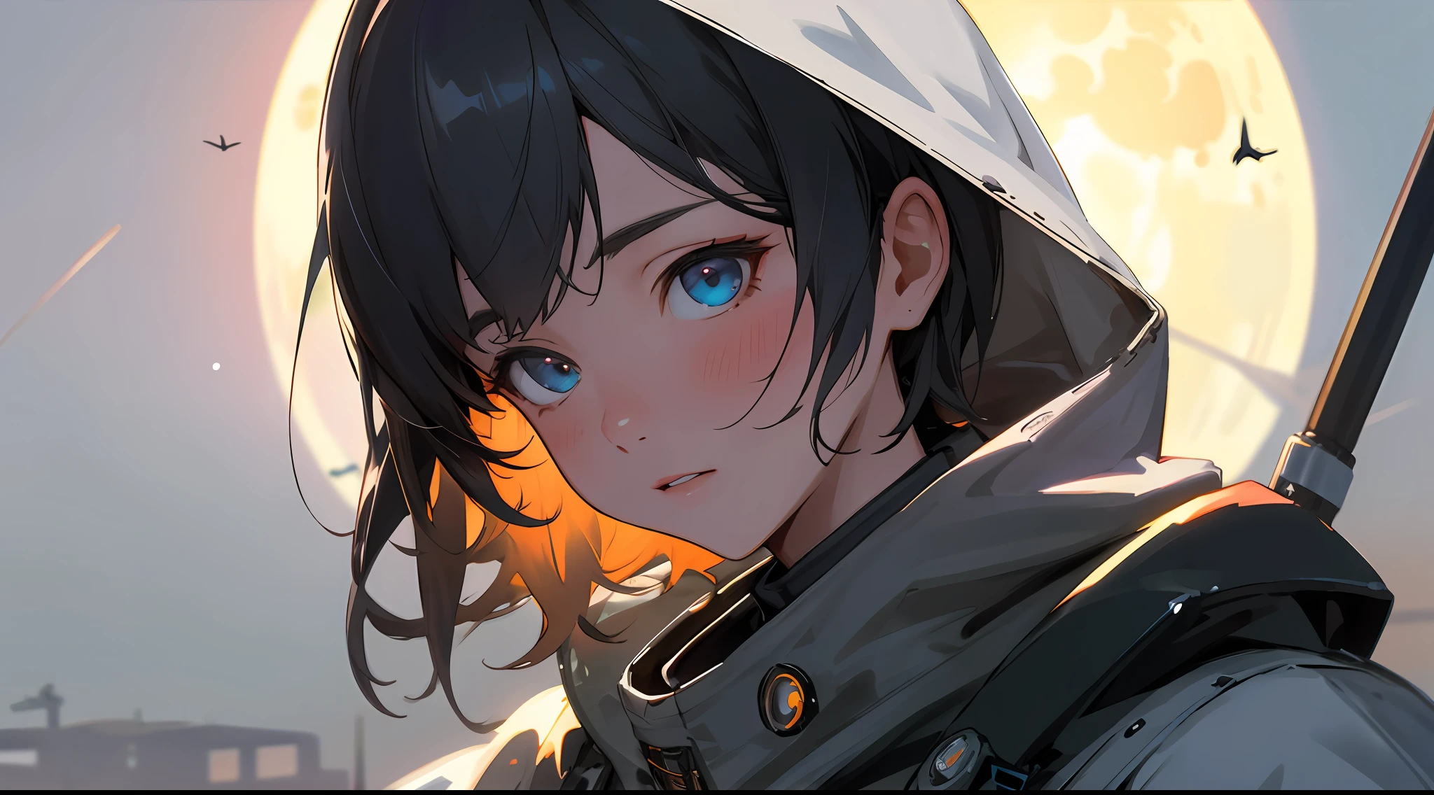 Medium Shot, Medium Shot, Depth of Field, Bust, Upper Body, Cinematic Angle, Masterpiece, Best Quality, Ultra Detail, CG, 8K Wallpaper, Beautiful Face, Delicate Eyes, A Maiden, Solo, Wasteland, Blue moon, Solo Walker, Hood, Photorealistic, Science Fiction, Masterpiece, Best Quality, 8K, Centre Angle, Official Wallpaper Black Sox, (Dark Night Sky)