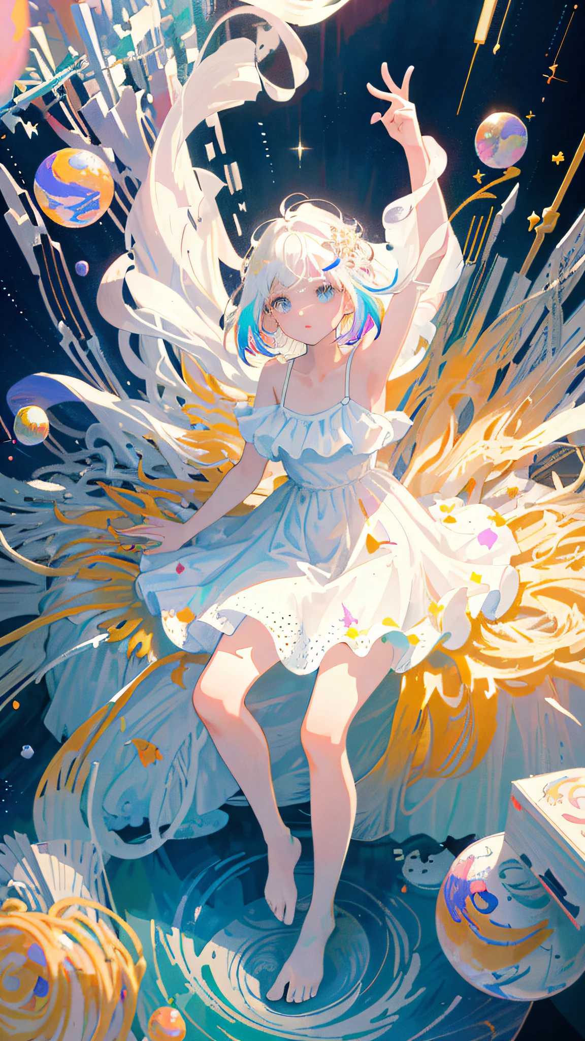 (masterpiece, best quality:1.2), (ultra detailed),(illustration), wallpaper, original,
1girl, messy white hair, spaghetti strap, white dress, bare legs, bare feet, bare arms, space, Earth background, near-earth orbit, full body,
,(surrounded by colorful splashes and dot),colorful bubble,(shining)