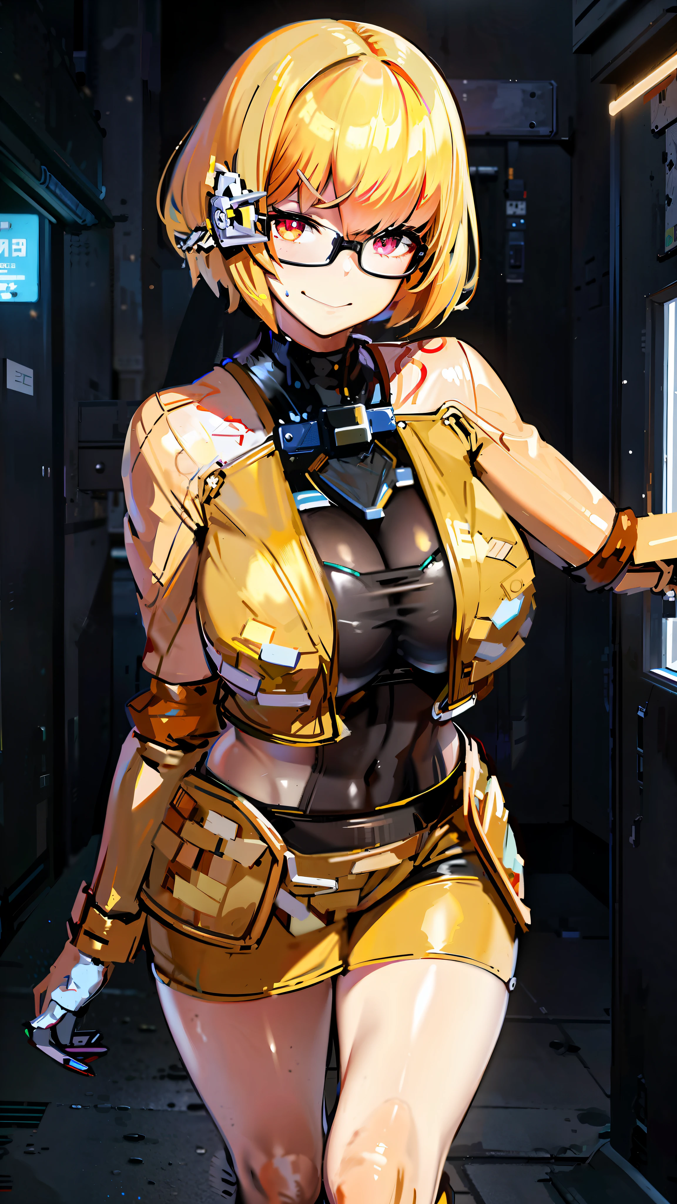 anime girl in a yellow leather jacket and glasses standing in a doorway, female protagonist 👀 :8, fine details. girls frontline, asuka suit under clothes!, makoto shinka, from girls frontline, cushart krenz key art feminine, oppai cyberpunk, 2b, 2 b, gordon freeman as a woman