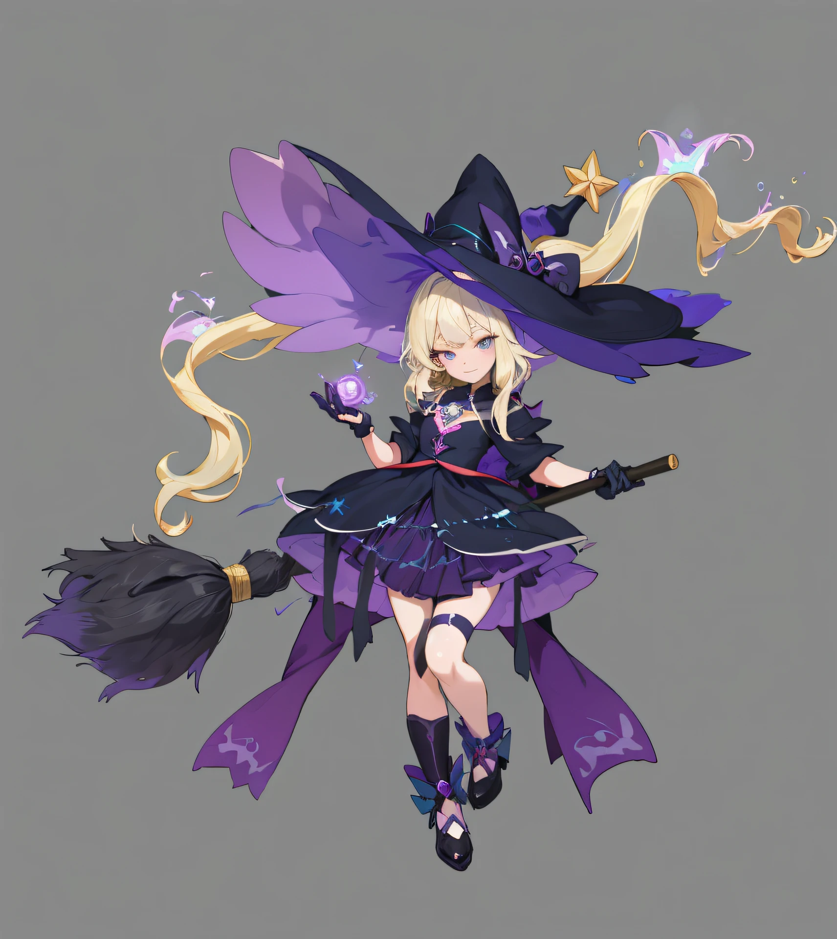 witch with a broom and a hat on a gray background, astral witch clothes, dark witch character, fashionable dark witch, flirty anime witch casting magic, bright witch, witch girl, pretty sorceress, mechanized witch girl, fullbody commission for, sorcerer magic witch, sky witch, arcane art style, dark sorceress fullbody pose