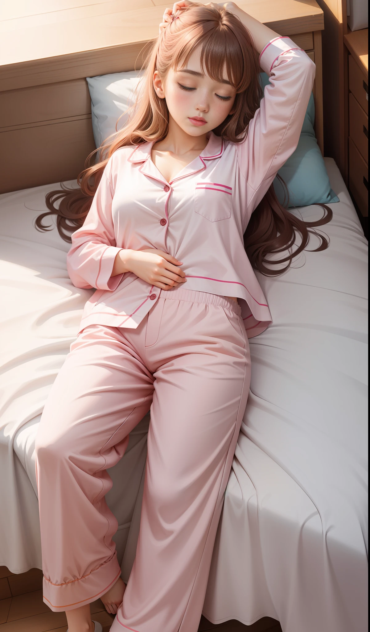 Sleeping girl, 22 years old, realistic, she is wearing long pants, she is wearing pink pajama, brown hair.