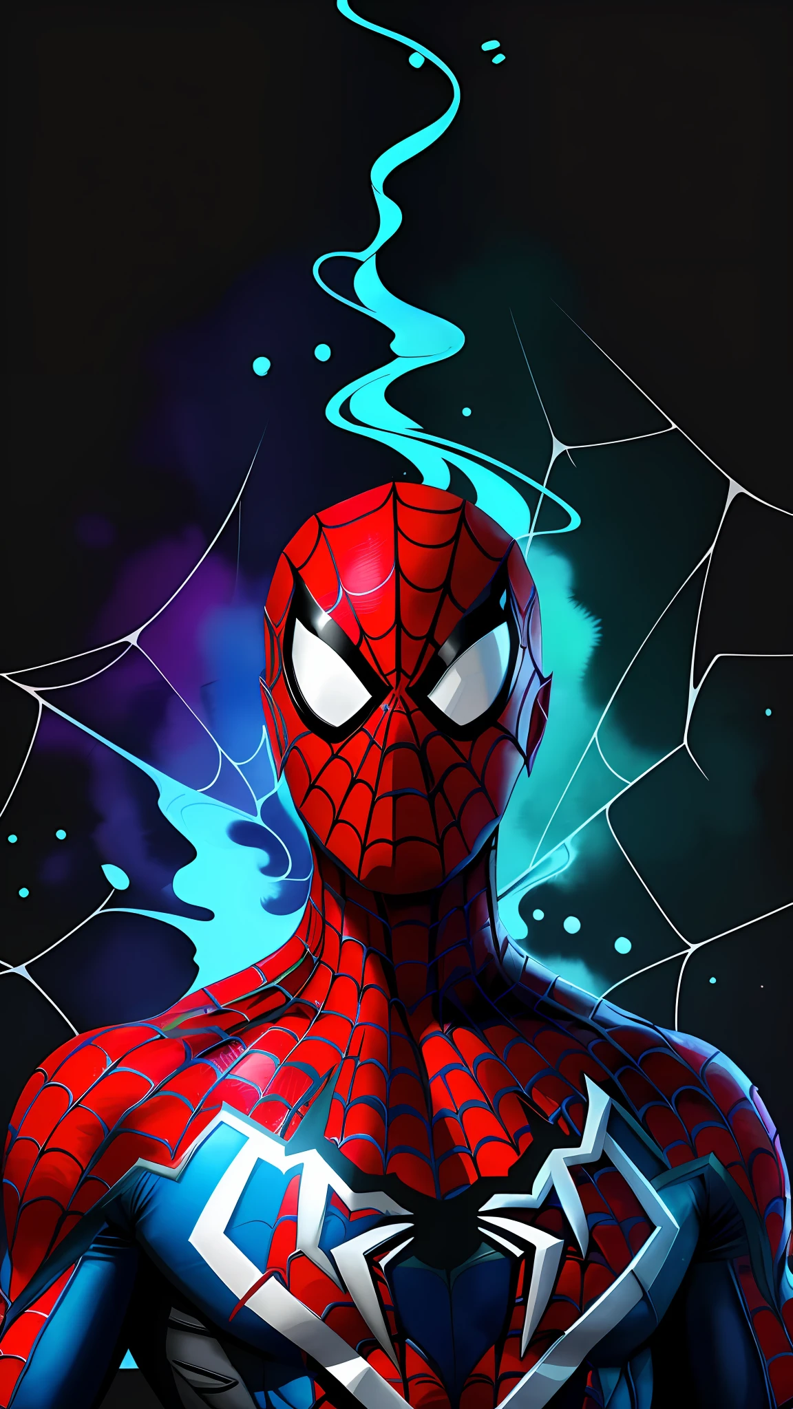 T-shirt design, centered 2D vector art, black background, watercolor splash colors, Spider-Man in the Metaverse, intricately detailed clothing, gorgeous art, masterpiece, luminosity by Rembradt, Adobe Illustration, Trending on Artstation, octane render, 8K, cinematic, --no duplicate character, -