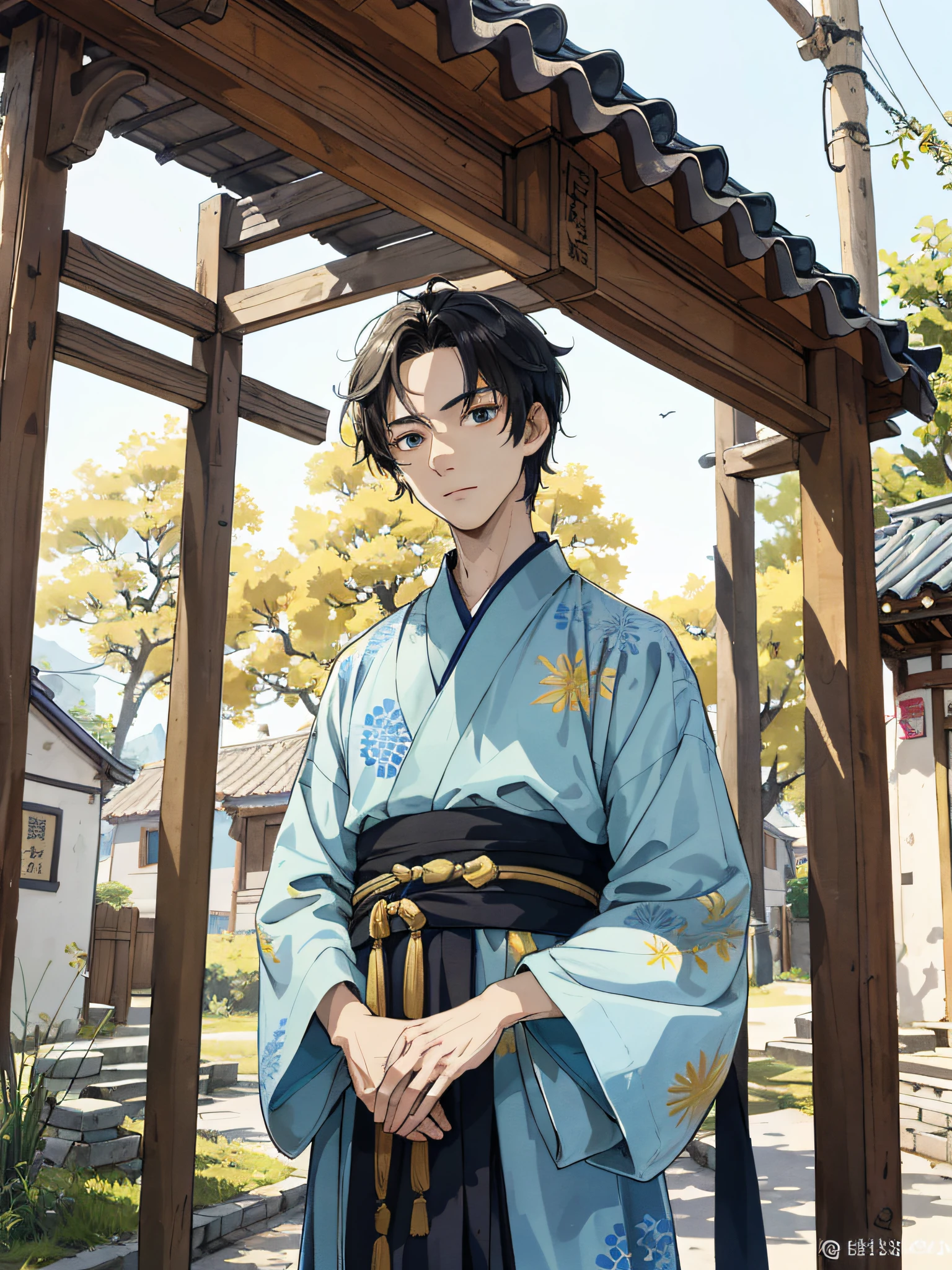 Absurd, high definition, super detailed, texture details, clear presentation, HD details, detail performance, fine details, clear face, precise restoration, clear eyeballs, (1 person: 1.3), hand-drawn, simple lines, an 18-year-old man in colorful Hanfu, standing under the village entrance, masterpiece, sunny day, looking at the camera