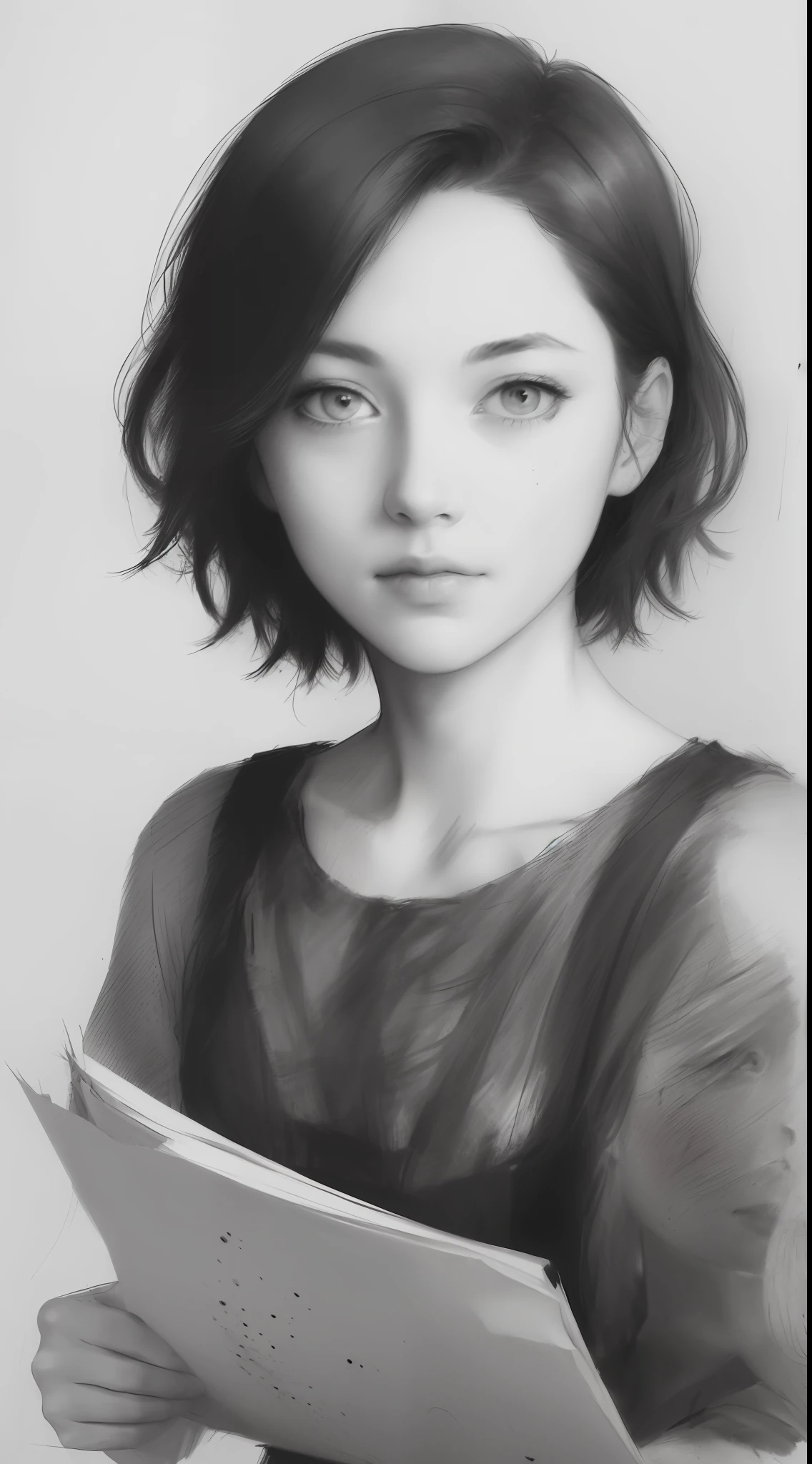 ((high quality, masterpiece:1.4)), 1girl, ((upper body)), portrait sketch, messy drawing, messy charcoal spots, unfinished sketch, sketchbook charcoal style drawing of a woman, sketchbook drawing, sketchbook, beautiful hair, medium short hair, beautiful face, symmetrical face, symmetrical eyes, ((paper material background)), realistic charcoal lines, imperfect drawing, charcoal crumbs, charcoal lines, imperfections