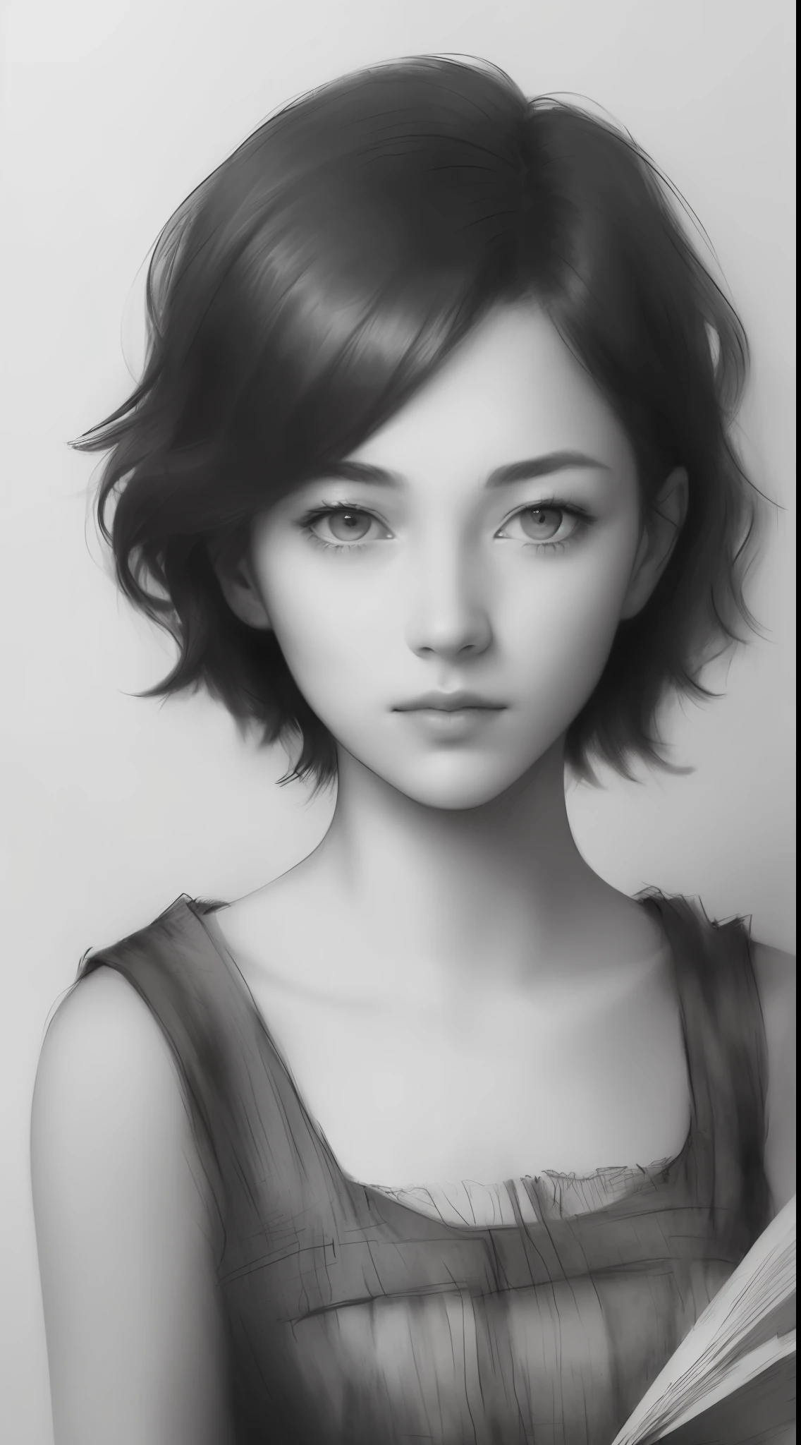 ((high quality, masterpiece:1.4)), 1girl, ((upper body)), portrait sketch, messy drawing, messy charcoal spots, unfinished sketch, sketchbook charcoal style drawing of a woman, sketchbook drawing, sketchbook, beautiful hair, medium short hair, beautiful face, symmetrical face, symmetrical eyes, ((paper material background)), realistic charcoal lines, imperfect drawing, charcoal crumbs, charcoal lines, imperfections