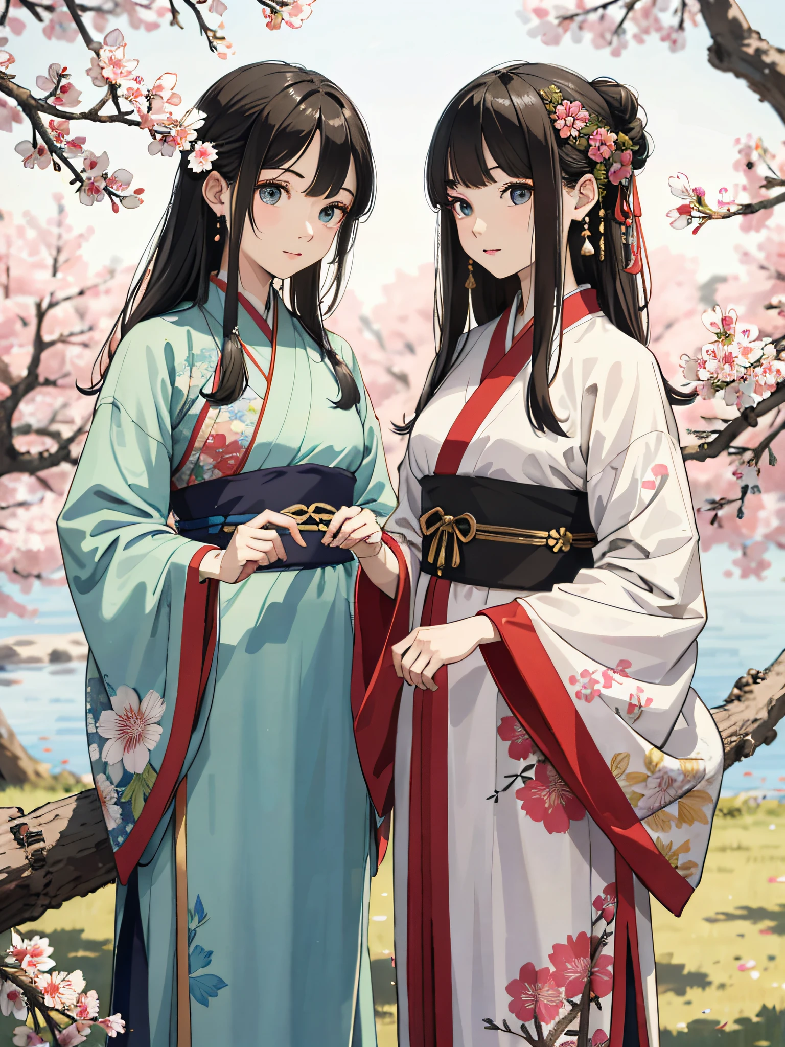 Absurd, high definition, super detailed, texture details, clear presentation, HD details, detail performance, fine details, clear face, accurate restoration, clear eyeballs, (2 fat girls: 1.3), hand-drawn, simple lines, two 20-year-old girls in colorful Hanfu, standing under the peach blossom tree, masterpiece, sunny day, looking at the camera