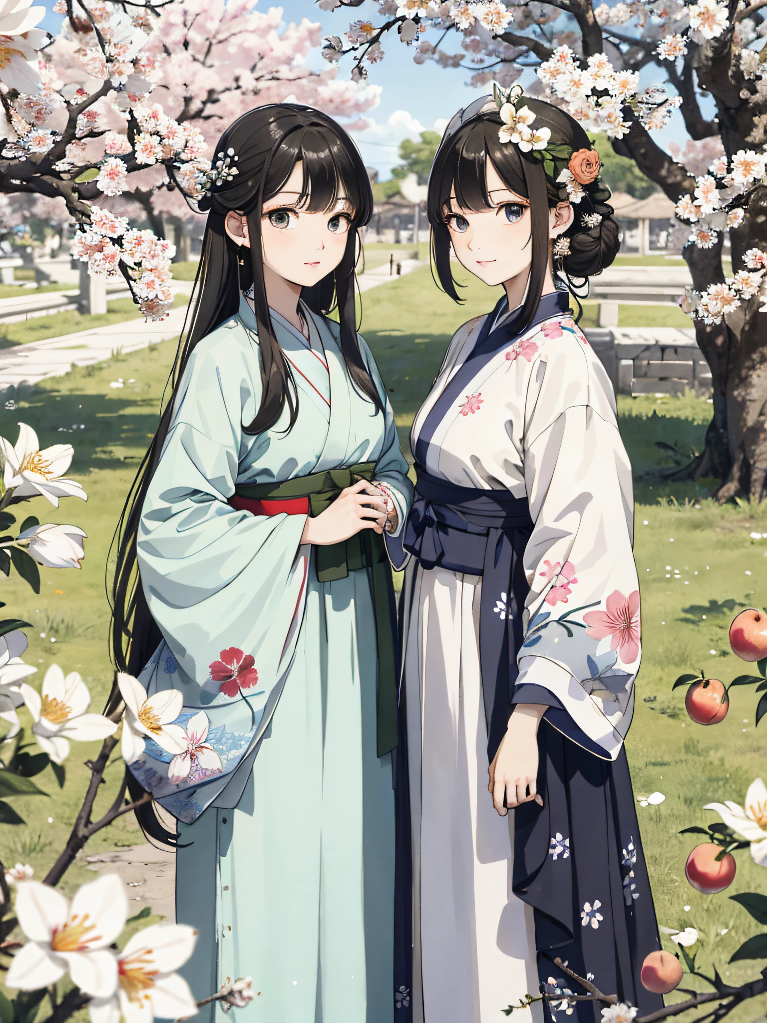 Absurd, high definition, super detailed, texture details, clear presentation, HD details, detail performance, fine details, clear face, accurate restoration, clear eyeballs, (2 fat girls: 1.3), hand-drawn, simple lines, two 20-year-old girls in colorful Hanfu, standing under the peach blossom tree, masterpiece, sunny day, looking at the camera
