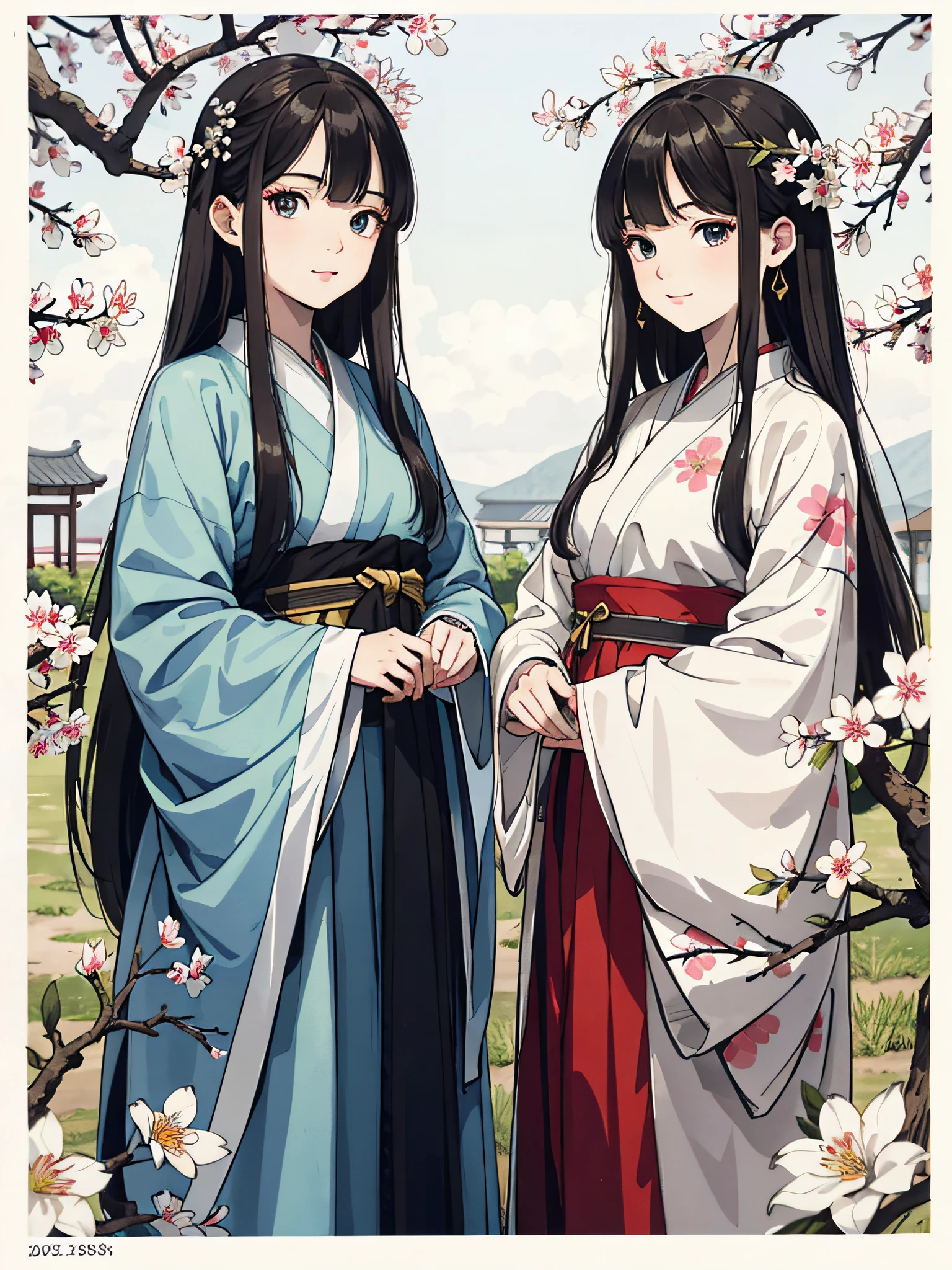 Absurd, high definition, super detailed, texture details, clear presentation, HD details, detail performance, fine details, clear face, accurate restoration, clear eyeballs, (2 fat girls: 1.3), hand-drawn, simple lines, two 20-year-old girls in colorful Hanfu, standing under the peach blossom tree, masterpiece, sunny day, looking at the camera