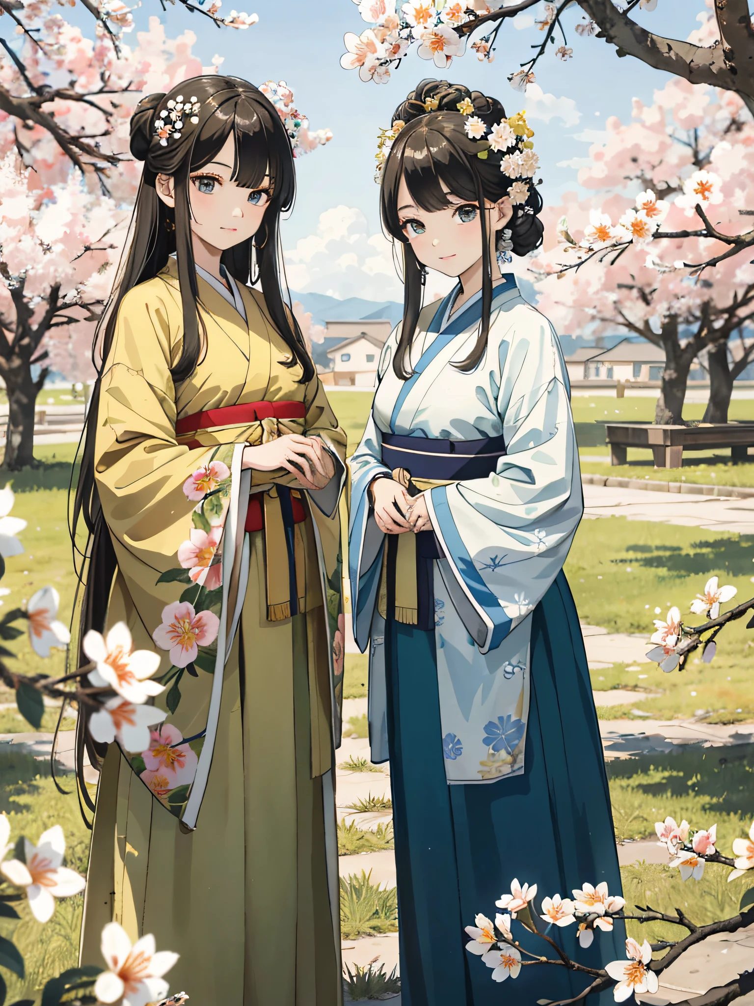 Absurd, high definition, super detailed, texture details, clear presentation, HD details, detail performance, fine details, clear face, accurate restoration, clear eyeballs, (2 fat girls: 1.3), hand-drawn, simple lines, two 20-year-old girls in colorful Hanfu, standing under the peach blossom tree, masterpiece, sunny day, looking at the camera