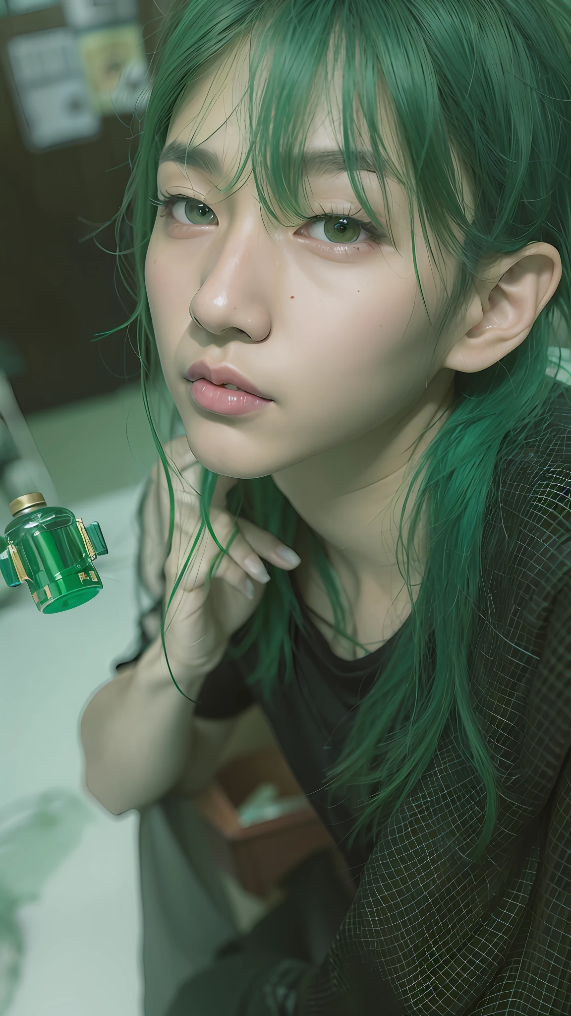 Allafard Asian boy, green hair and black shirt, green hair, green skin!!, short green hair, Kwon Ji Ryong, very, very high quality photo, ((green-blue tone)), long green hair, dark green hair, she is about 1 6 years old, green mane, Kim Young-sin, Kanliu666