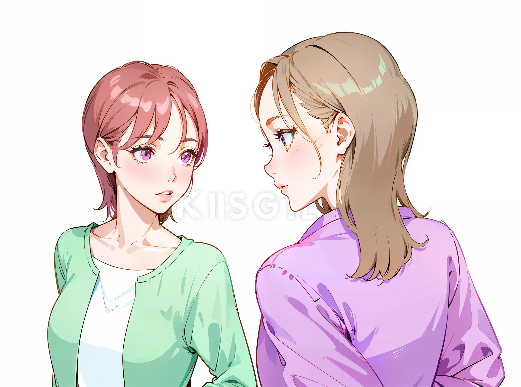 Woman and girl talking to each other, 2 women facing each other, 2 beautiful anime girls, staring at each other, exciting illustration, 2 girls, lesbian art, 8 0s anime art style, in anime style, in anime style, wikihow illustration, anime style illustration, her friend, digital anime illustration