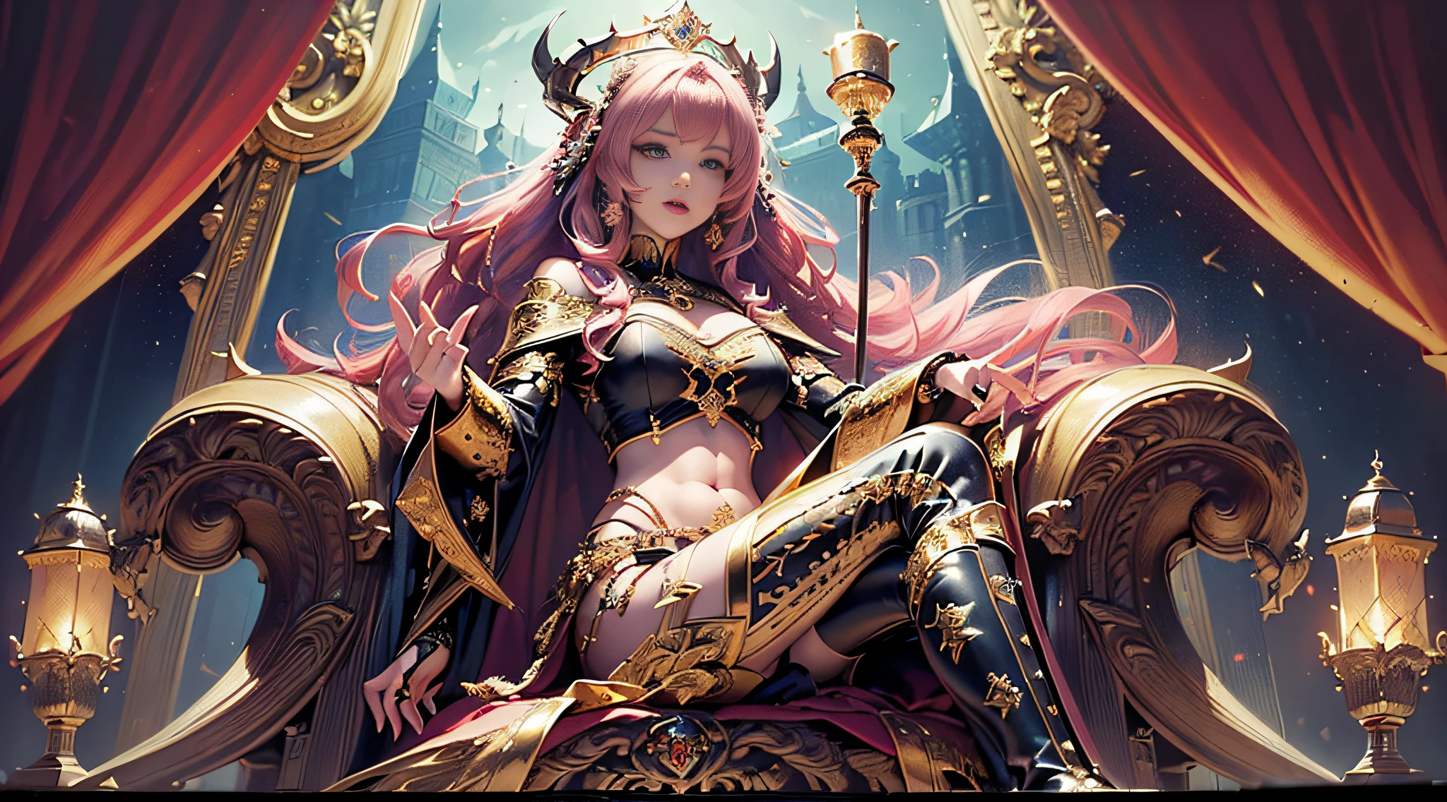 ((Masterpiece, top quality)), (((Cinematic Light)), Queen of the Underworld, Devil, Mix, Horror, Dark Fantasy, Detailed Armor, (Insanely Detailed, Flowers), Detailed Long Boots, Beautiful Detailed Eyes, Pink Hair, Long Hair, Floating Hair, Navel, Long Cape, Isekai, Luxurious Gold Decoration, Throne Room, Sitting on the Throne, Large and Luxurious Throne