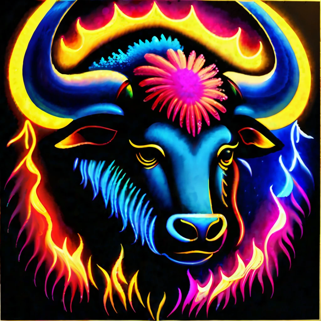 Colorful buffalo painting, on black background, breathtaking rendering, in glowing connections, inspired by Kinuko Y. craft, magical elements, calf icon, wow, beautiful, multi colorful spell casting, bright flash, flash