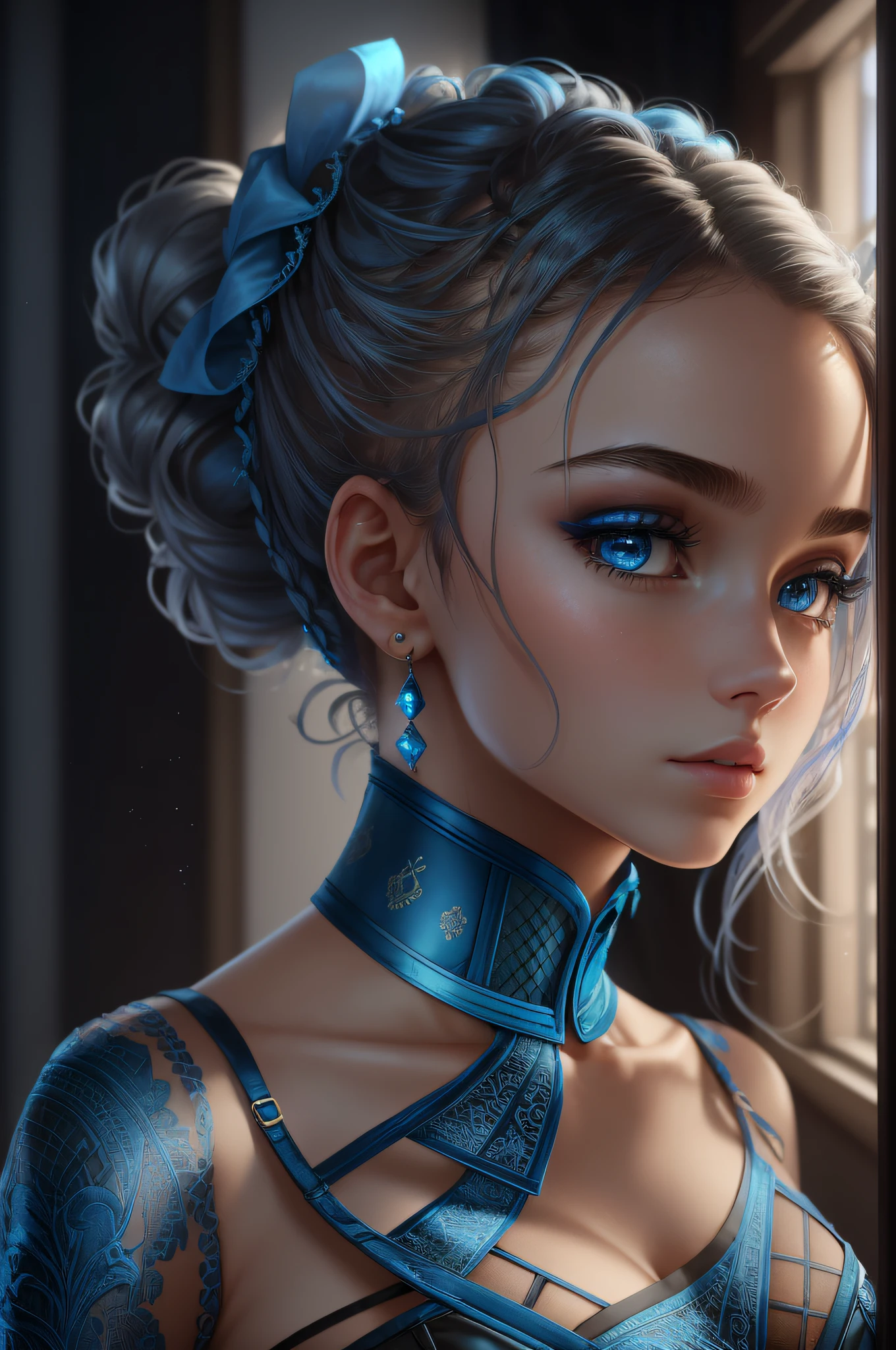 ((blue corset dress)), (best quality, masterpiece: 1.2), ultra high resolution, realistic, front lighting, intricate details, exquisite details and textures, body portrait, one girl, solo, (young), face highlights, upper body, detailed face, teardrop mole, shiny skin, silver hair, ponytail, braid hair, look viewer, big eyes, ((blue corset dress) ), earrings, small breasts, slim body, beautiful background (city hotel room: 1.2), window edge, professional lighting, photon mapping, radiosity, physically based rendering, ((hair bunched up on head)), huge, {{{masterpiece, best quality, illustration,game_cg}}}}, (hair bunched up on head), sexy, cinematic, beautiful background, Body Portrait --auto --s2