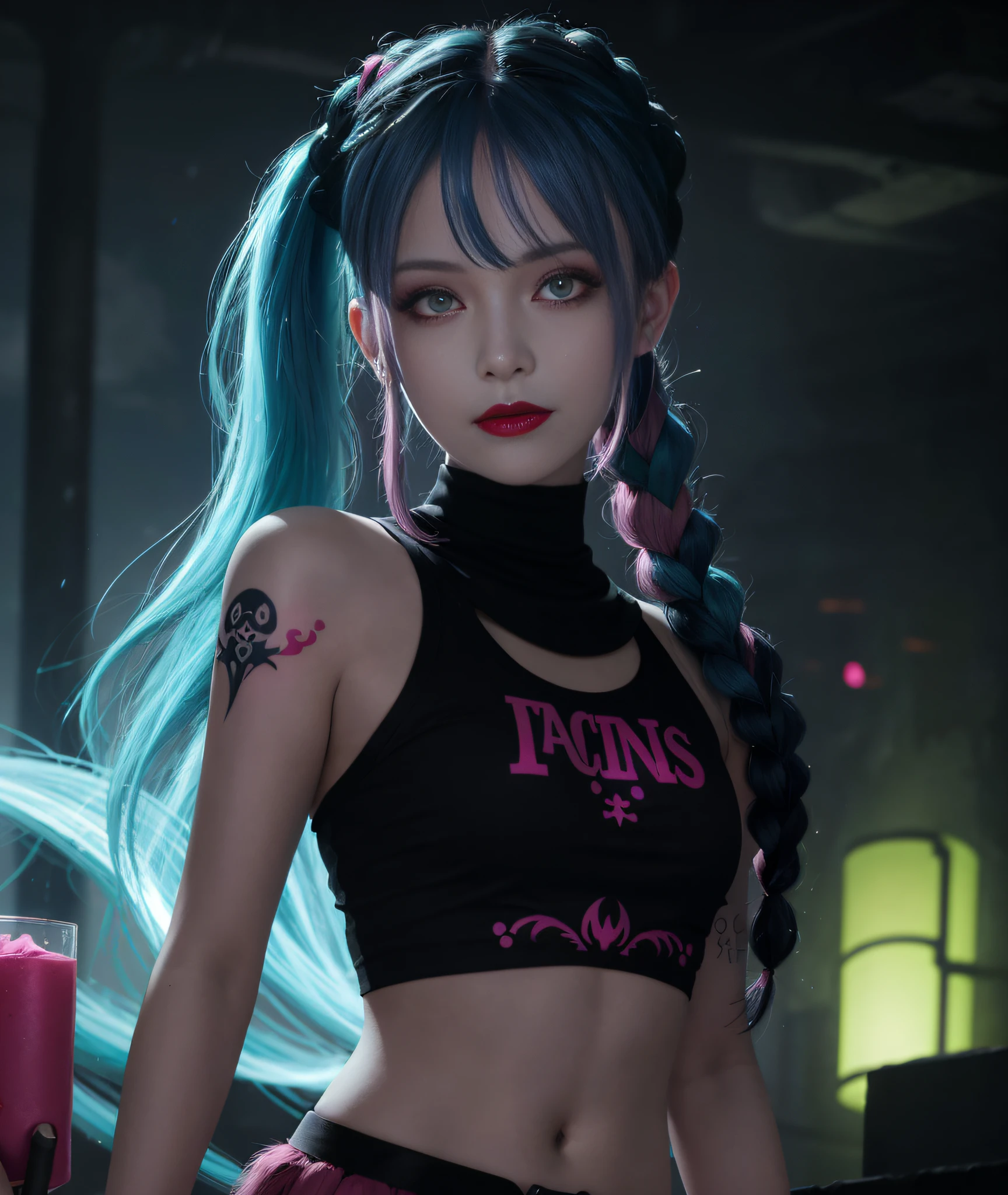glowing, face focus, portrait, crazy, insanity, glowing pink eyes,arcane style, 1girl, arm tattoo, asymmetrical bangs, bangs, blue hair, braid, brown shirt, cloud tattoo, looking at viewer, laughing, crazy, uncontrollable laugh, mad look, night, city, green hair, long hair, midriff, pink eyes, red lips, shirt, solo, standing, tattoo, twin braids, upper body, arcane jinx, jinx \(league of legends\)