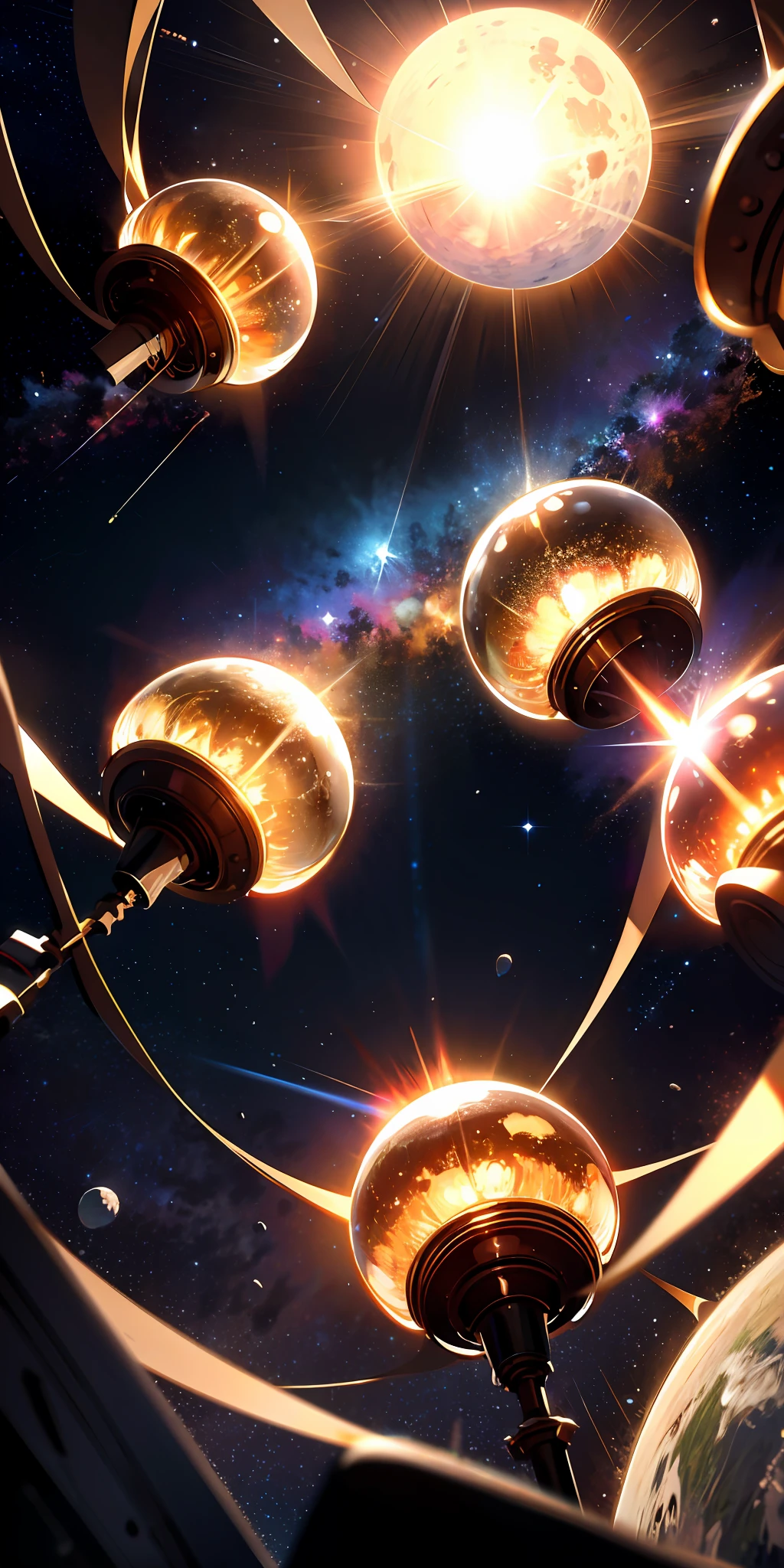 ridiculous resolution, high resolution, (masterpiece:1.4), super detailed, 3suns seen from below, space, floating, --v 1