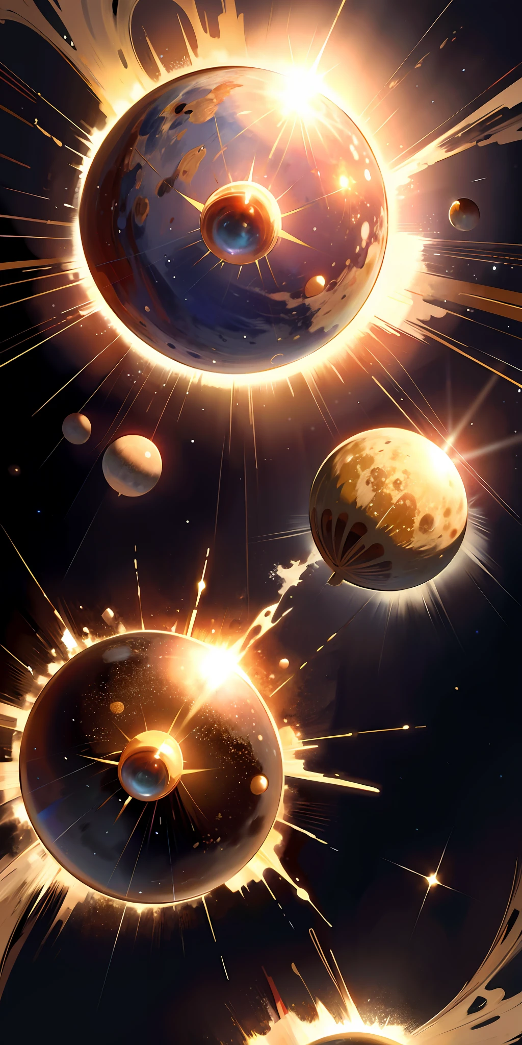 ridiculous resolution, high resolution, (masterpiece:1.4), super detailed, 3suns seen from below, space, floating, --v 1