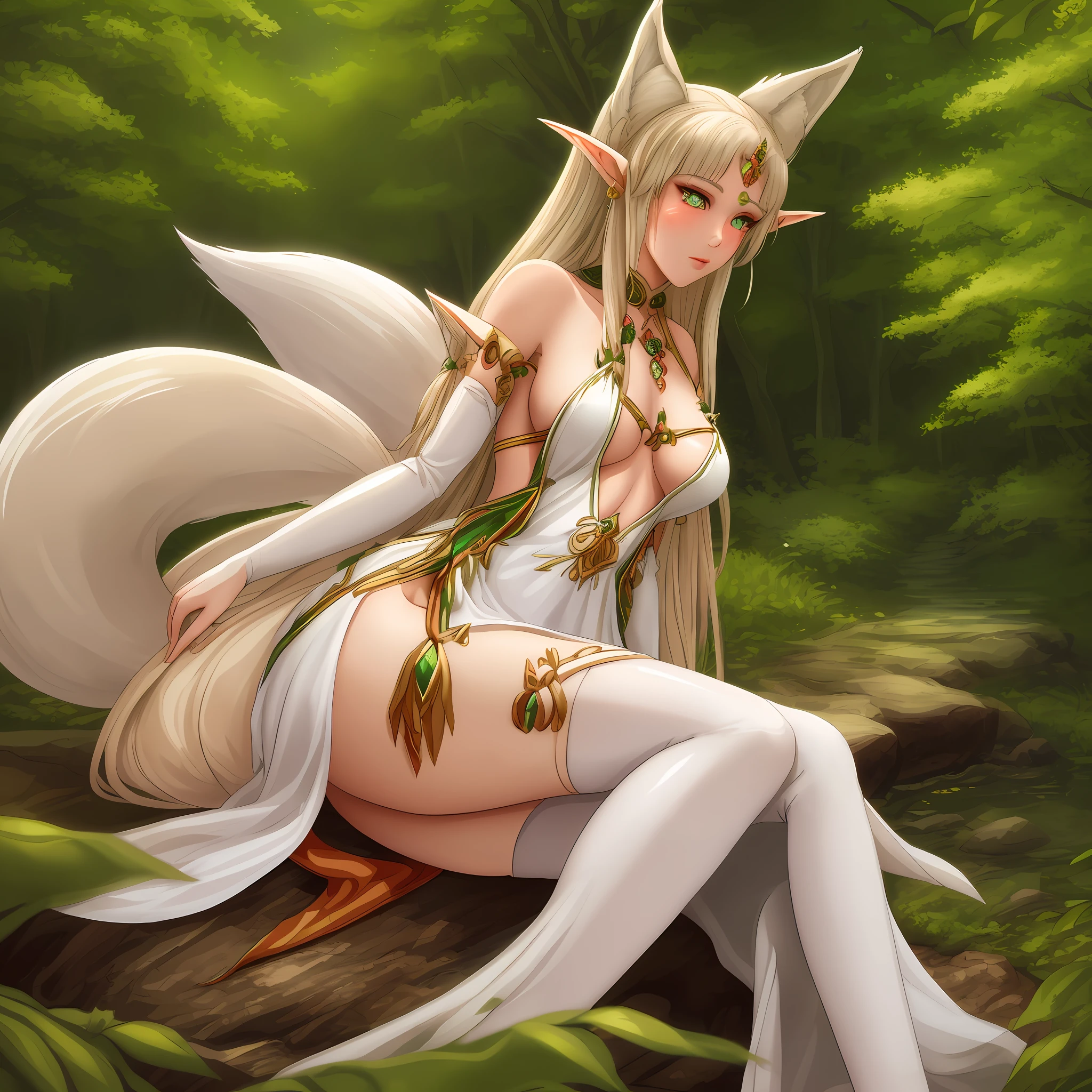 Photo of One girl 25 years, Kumiho:1.5, (elven princess:1.2), ((Nine fox tails)), ((detailed realistic face and eyes)), sexy body, Dressed in a long elegant cotton dress, soft small boobs, uncovered legs, in the forest