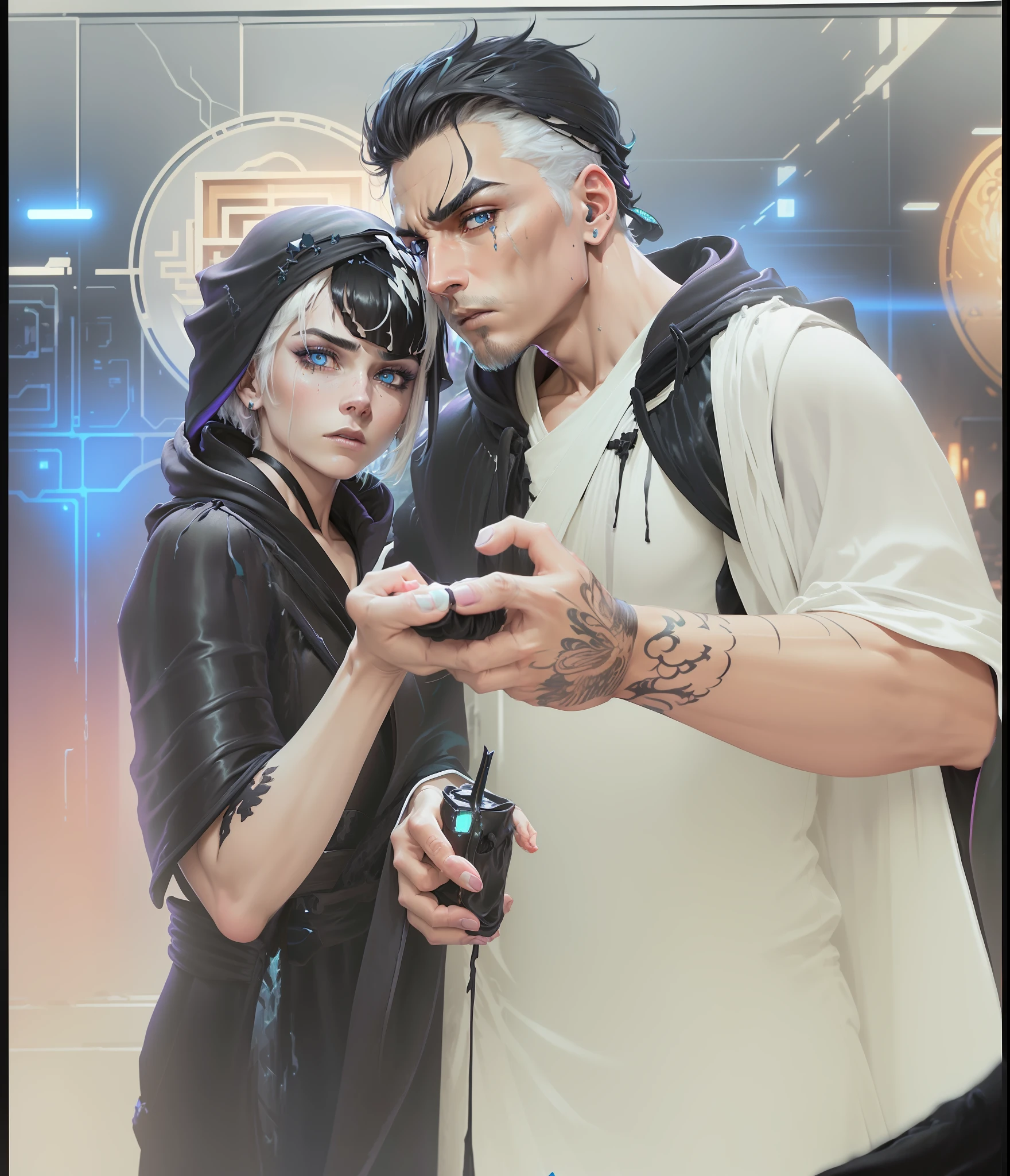 Cyberpunk male and female, fantasy world, dark background, clean design, epic instagram, artstation, colorful ink splash, silhouette, hyper detailed intricate details, unreal engine, fantasy, intricate details, home screen, complementary colors, fantasy concept art, 8k resolution, deviantart masterpiece, oil painting, heavy strokes, ink drip, (isolated on white background: 1.3), rainbow skin,  (((handsome young man))), ((teenager: 1.5) ), (bright blue eyes), (((light eyes)), ((((short white hair: 1.1))), (((black clothes)), (prince\\(indifferent expression\\),, ( (((Wearing luxurious black robe of high detail)))), white hair, (chest) --auto --v 6 --s2