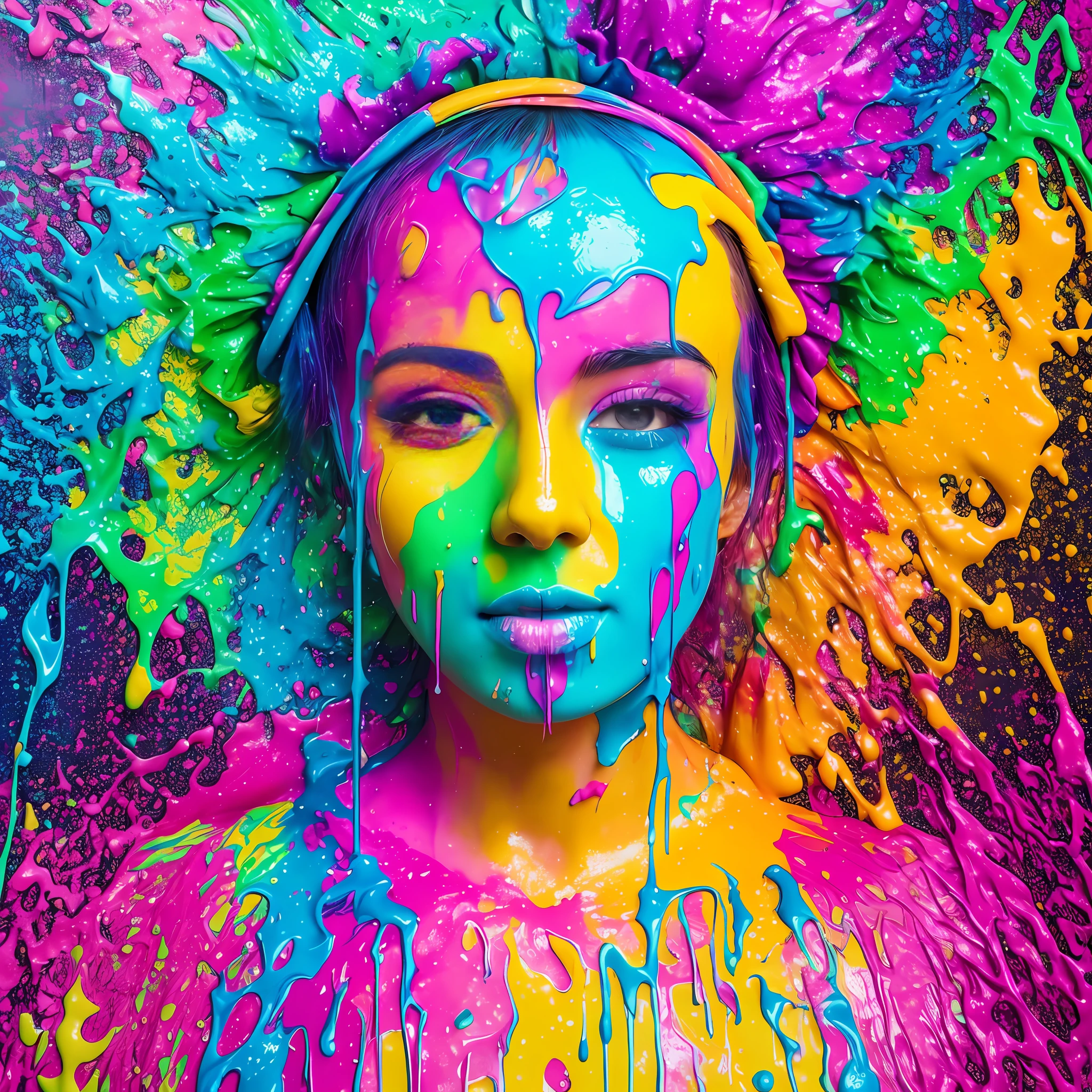 there is a woman with a strainer on her head, colorful melting paint, psychedelic dripping colors, melting paint drips, dripping paint, paint dripping, melting paint, dripping in neon paint, liquid headdress, dripping colorful paint, dripping with color, pour paint, paint drips liquid wax, dripping colors, viscous rainbow paint, dripping oil paint