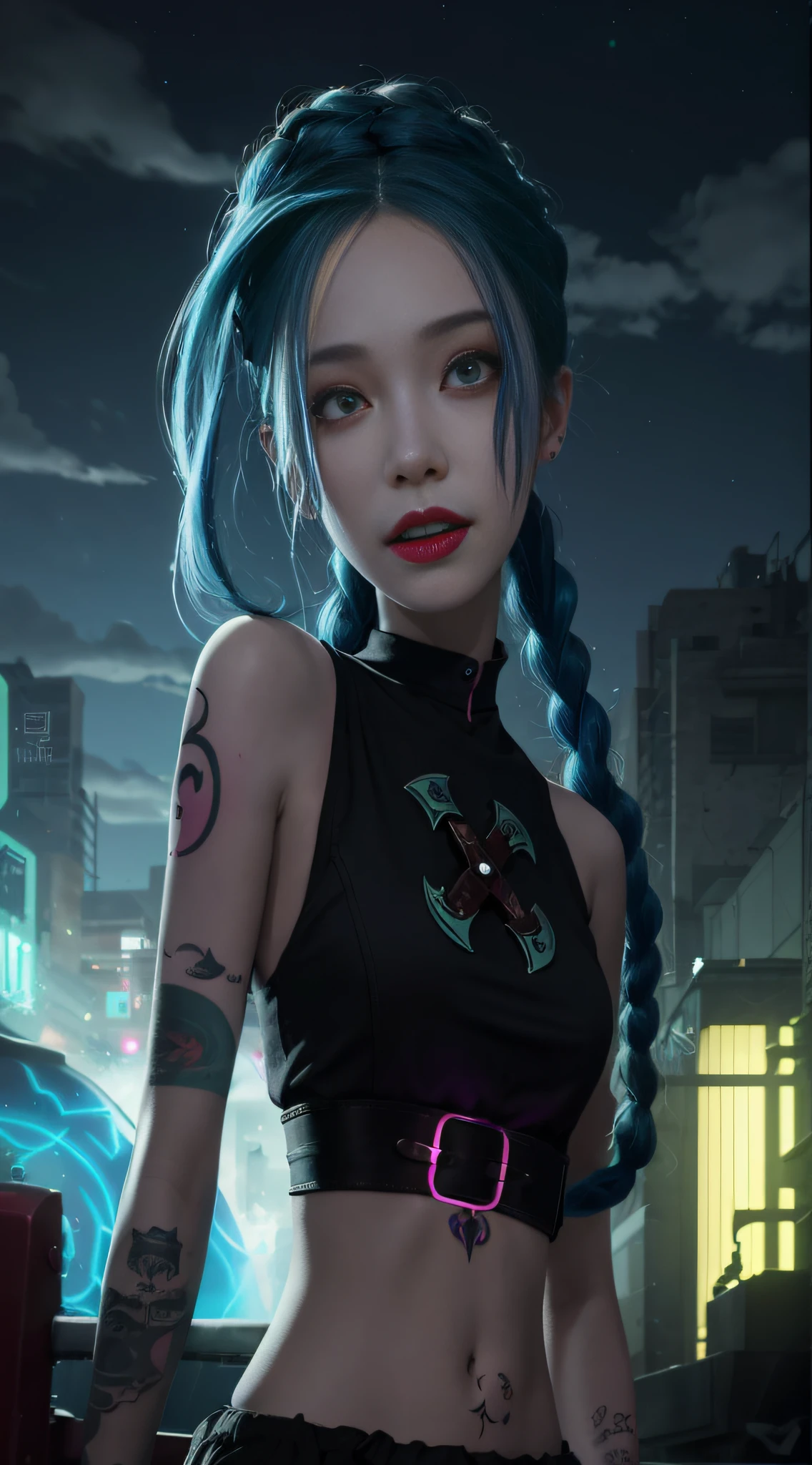 glowing, face focus, portrait, crazy, insanity, glowing pink eyes,arcane style, 1girl, arm tattoo, asymmetrical bangs, bangs, blue hair, braid, brown shirt, cloud tattoo, looking at viewer, laughing, crazy, uncontrollable laugh, mad look, night, city, green hair, long hair, midriff, pink eyes, red lips, shirt, solo, standing, tattoo, twin braids, upper body, arcane jinx, jinx \(league of legends\)