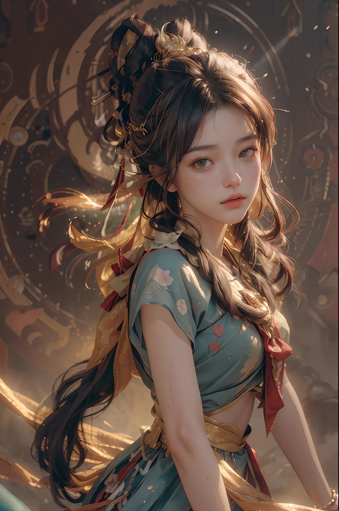 (RAW photo, best quality), (realistic, photo-realistic:1.3),best quality,highly detailed,masterpiece,ultra-detailed,illustration,1girl,upper_body,dynamic angle,world masterpiece theater,messy_long_hair,best quality,extremely detailed CG unity 8k wallpaper,ink,Amazing,cinematic lighting,lens_flare, dunhuang_style