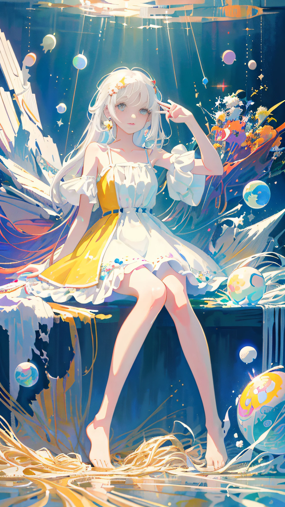 (masterpiece, best quality:1.2), (ultra detailed),(illustration), wallpaper, original,
1girl, messy white hair, spaghetti strap, white dress, bare legs, bare feet, bare arms, space, Earth background, near-earth orbit, full body,
,(surrounded by colorful splashes and dot),colorful bubble,(shining)