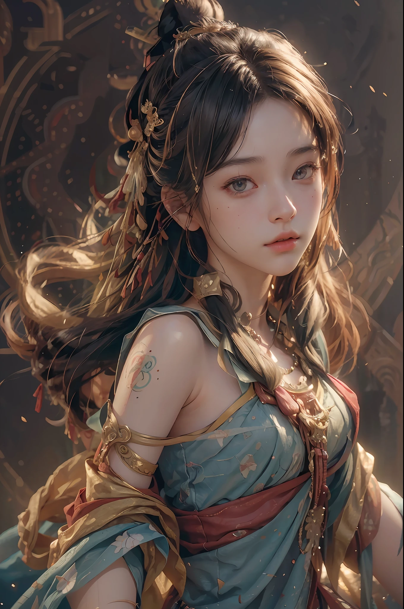 (RAW photo, best quality), (realistic, photo-realistic:1.3),best quality,highly detailed,masterpiece,ultra-detailed,illustration,1girl,upper_body,dynamic angle,world masterpiece theater,messy_long_hair,best quality,extremely detailed CG unity 8k wallpaper,ink,Amazing,cinematic lighting,lens_flare, dunhuang_style