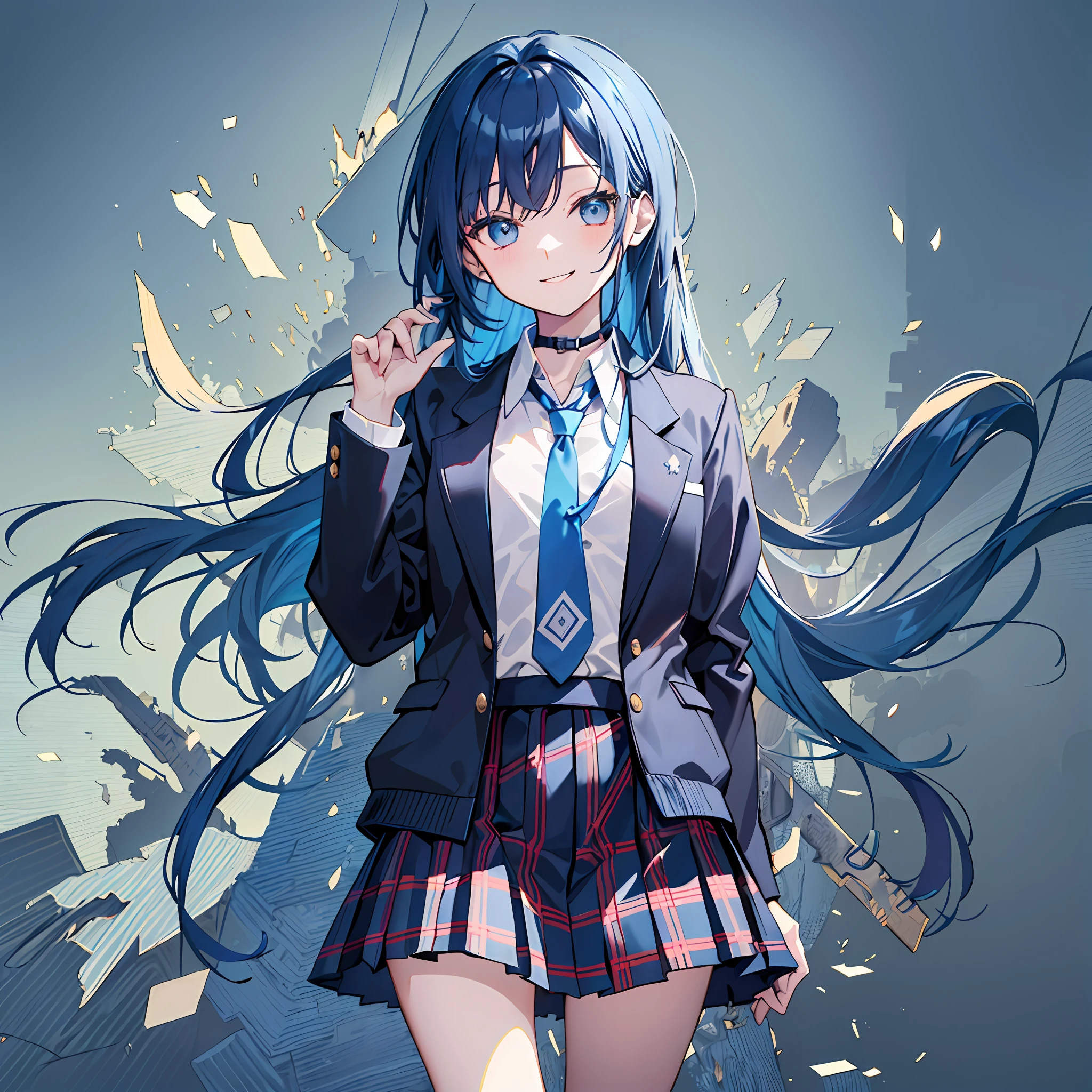((masterpiece, best quality, animate_style, illustation, very detailed)), simple eyes, flat_chest, standing, 1girl, smile, blue_necktie, blue_hair, full_body, darkblue jacket, long_hair, looking_at_viewer, necktie, plaid, plaid_skirt, pleated_skirt, school_uniform, skirt