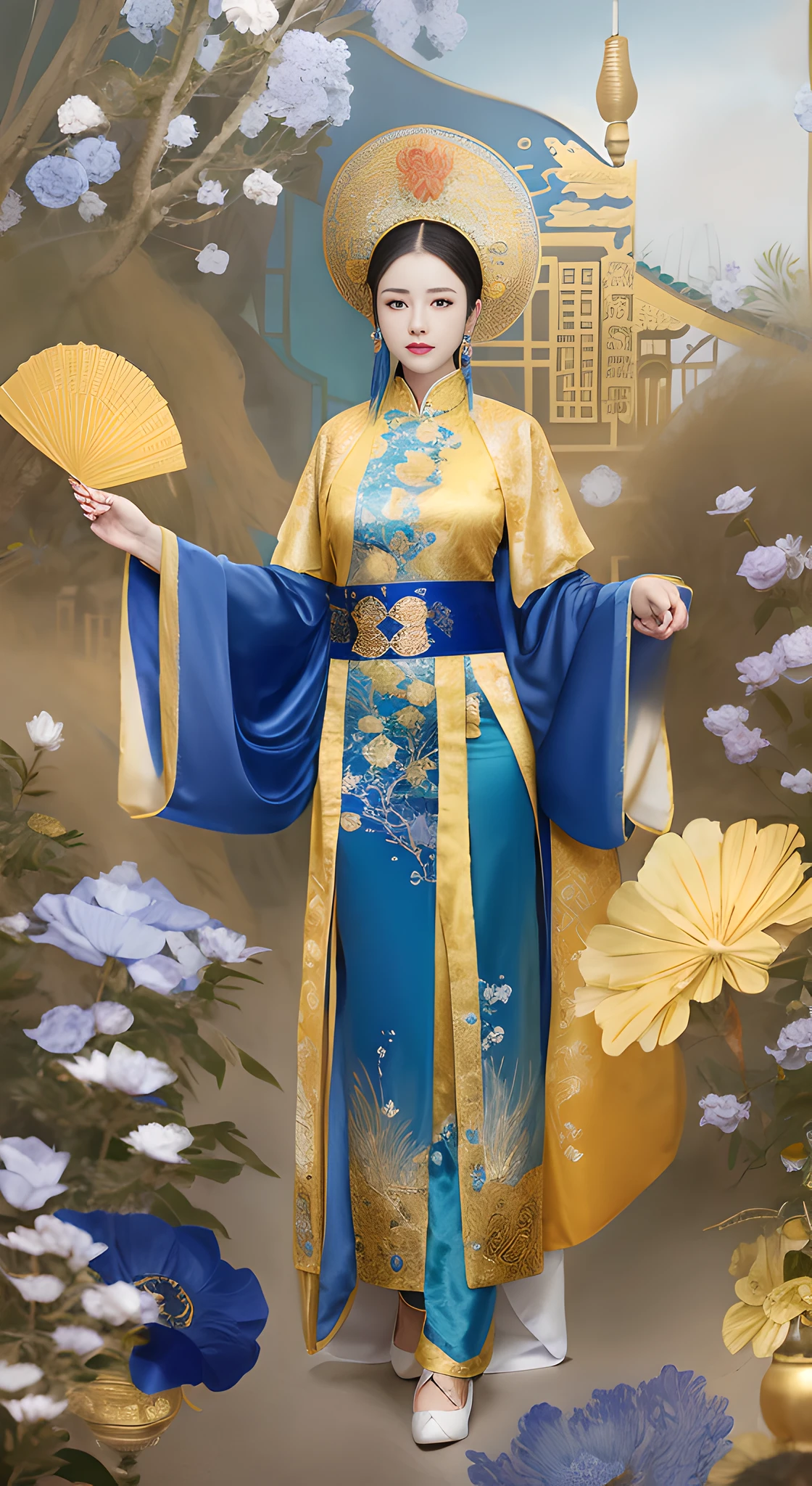 arafed image of a woman in a blue and gold dress and hat, hanfu, wearing ornate silk clothes, palace , a girl in hanfu, a beautiful fantasy empress, oriental art nouveau, traditional chinese clothing, chinese costume, chinese empress, ancient chinese princess, inspired by Tang Di, wearing ancient chinese clothes, ancient asian dynasty princess, ao dai