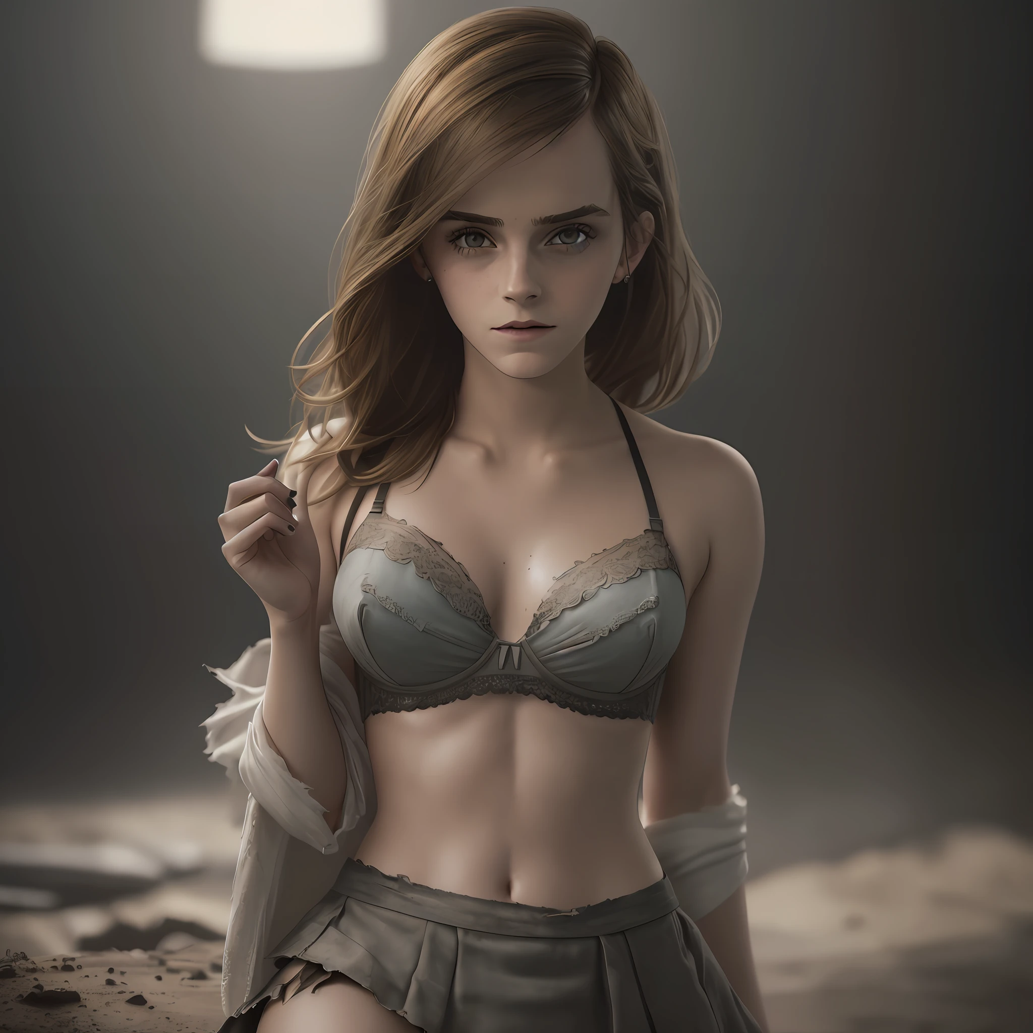 (Hyperreal photo), ((Emma Watson wearing a sexy worn, torn cotton bra)), (worn miniskirt), ((detailed realistic dirty face and eyes)), cinematic lighting, 8K resolution, (model shooting style), covered by (torn, torn tantop), (round breasts), ((hand on chest)) --auto --s2
