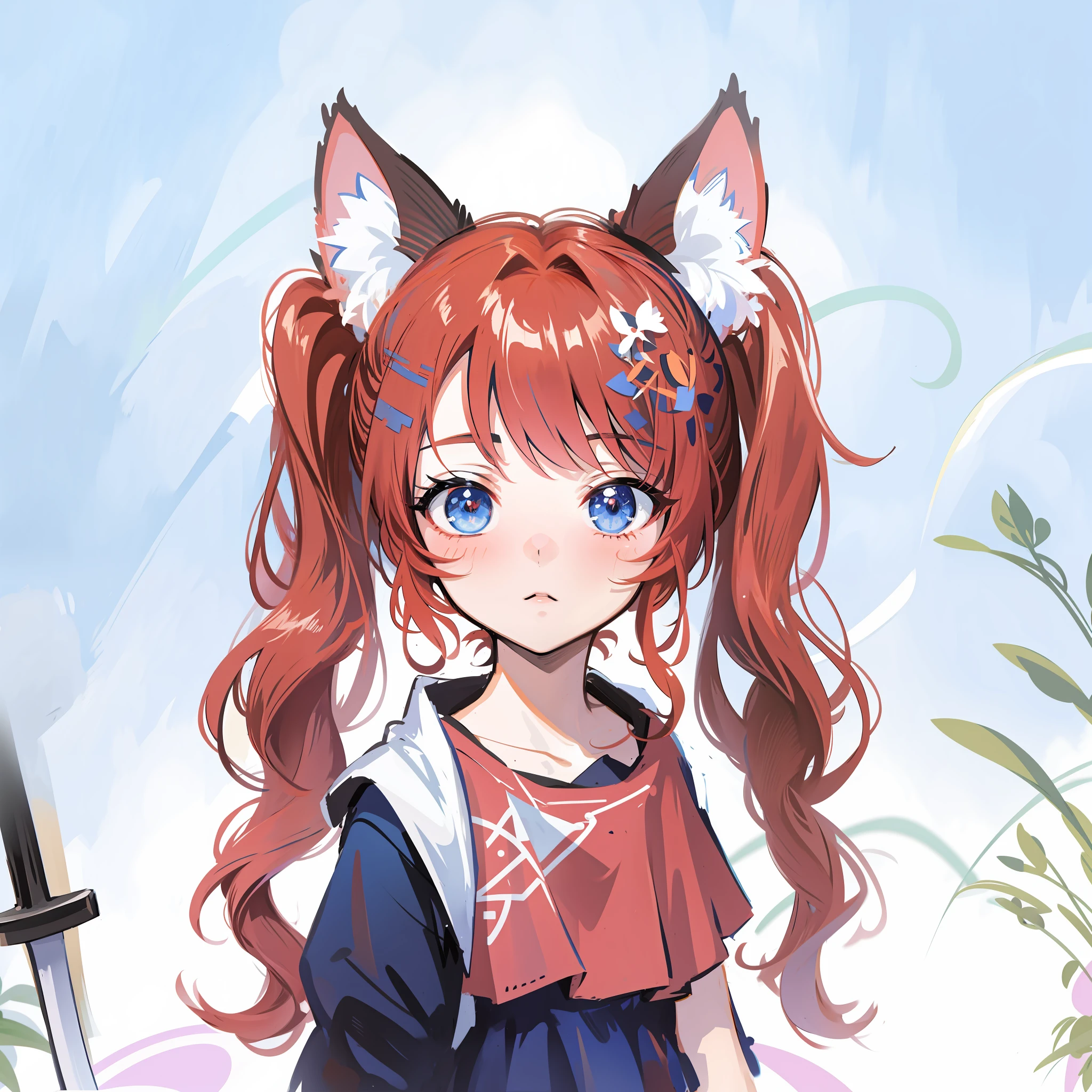 anime girl with red hair and blue eyes holding a sword, beautiful anime catgirl, cute anime catgirl, anime girl with cat ears, anime catgirl, holo is a wolf girl, girl with fox ears, girl with cat ears, anime cat, beautiful young catgirl, very beautiful anime cat girl, fox nobushi, very beautiful cute catgirl
