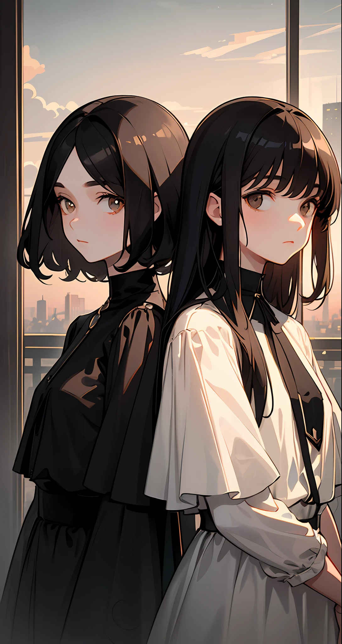 masterpiece, best quality, silent film, 2girls, in the afternoon, sunset, overcast, gloomy, foresight, natural flat length black hair, brown eyes, soft lighting, (bauhaus, shape, line, abstract :1.1)