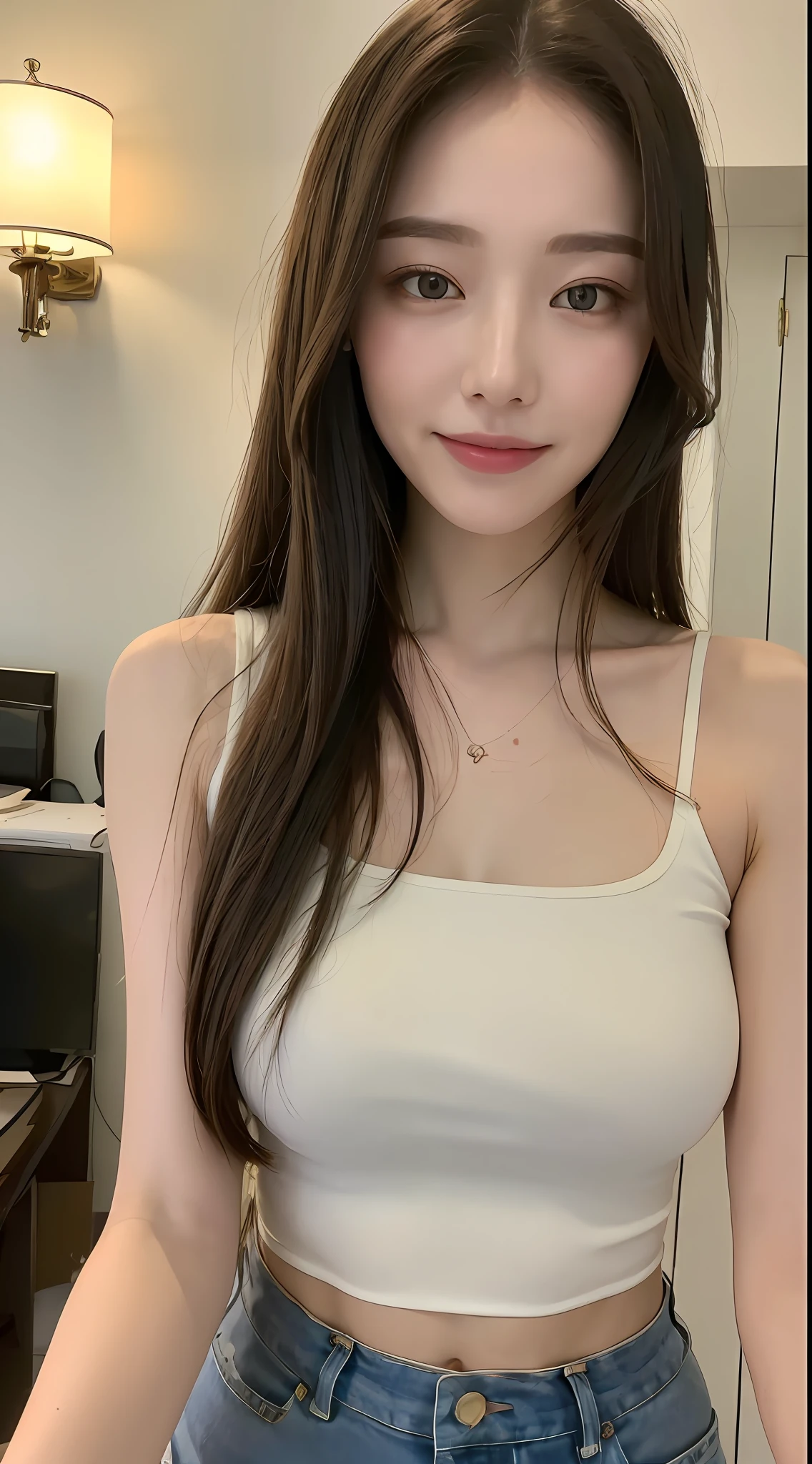 ((Best quality, 8k, Masterpiece :1.3)), 1girl, beautiful woman with emphasis on slender abs: 1.3, (long hair, big breasts: 1.2), oversized tank top: 1.2, super delicate face, delicate eyes, double eyelids, smile, smiling face, home, random color clothes
