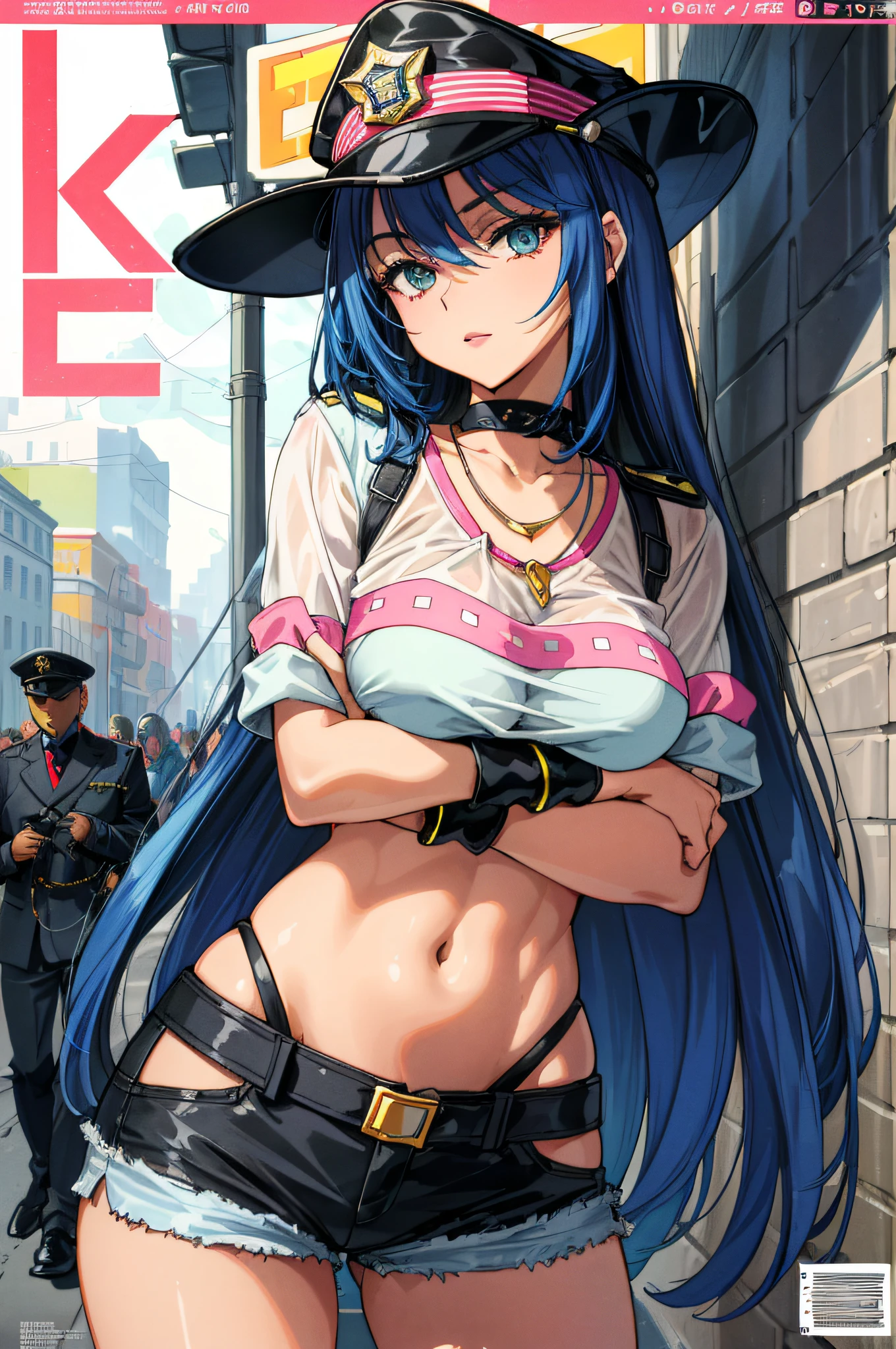((((best quality))), (((ultra detailed))), (((masterpiece))), illustration,(Magazine cover-style illustration of a fashionable woman in a vibrant outfit), posing in front of a colorful and dynamic background. She has a confident expression and is holding a statement accessory, The text on the cover should be bold and attention-grabbing, with the title of the magazine and a catchy headline. The overall style should be modern and trendy, with a focus on fashion and lifestyle), wall paper,crowds,fashion,Lipstick,ray tracing,depth of field, street,in public,day 1girl,solo,looking at viewer, glossy skin, contrapposto, navel, midriff, necklace, female focus,model,medium breasts, ,street,in public,police hat, police uniform, handcuffs,short shorts, arms crossed, cool, see-through, school uniform,jitome, ,underboob,floating hair, sexy ,fine fabric emphasis