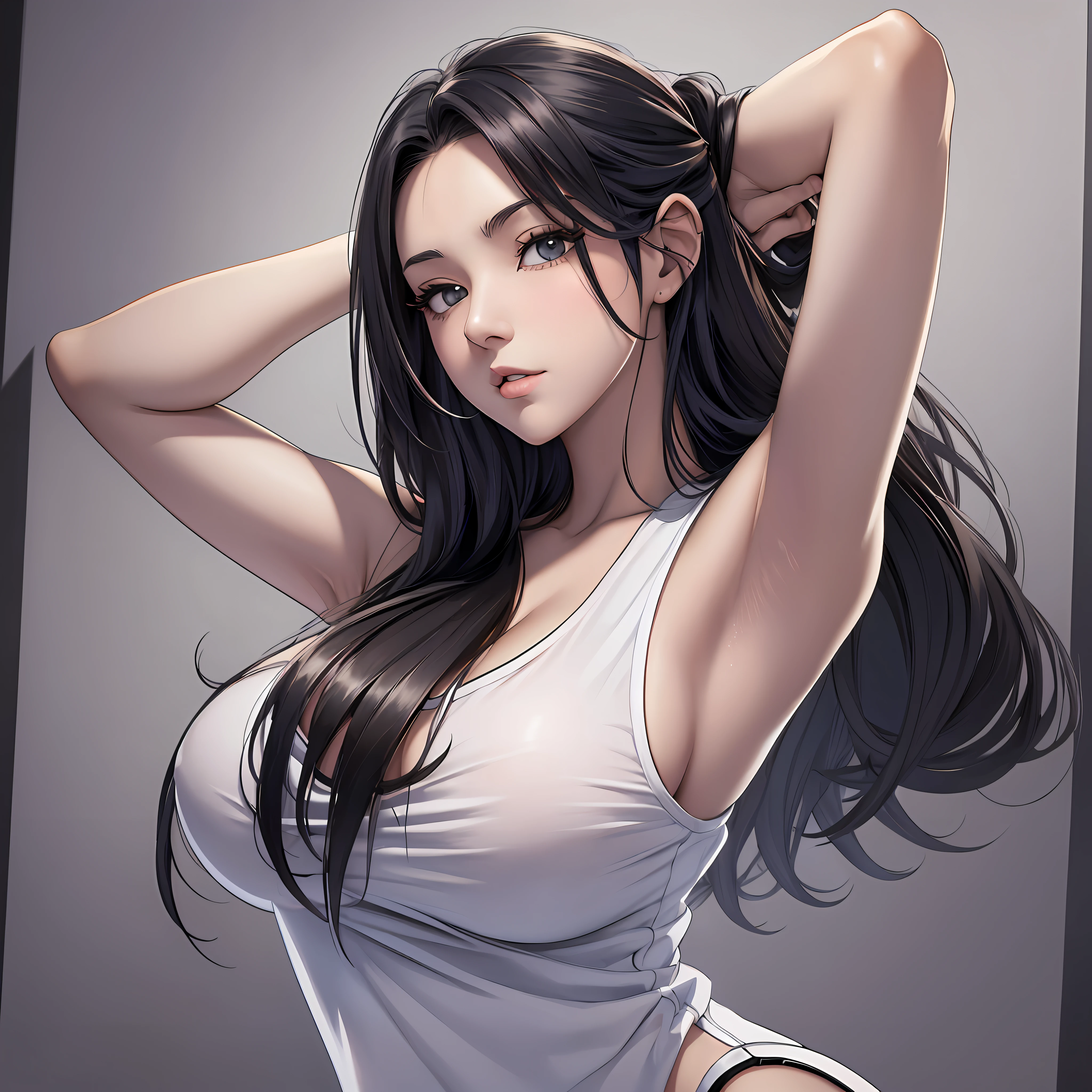 a drawing of a woman with long black hair and a white shirt, side boob, heavy gesture style closeup, flat anime style shading, full body illustration, extra detail, clean detailed anime style, wearing a white tanktop, wearing tanktop, thick border lines --auto --s2