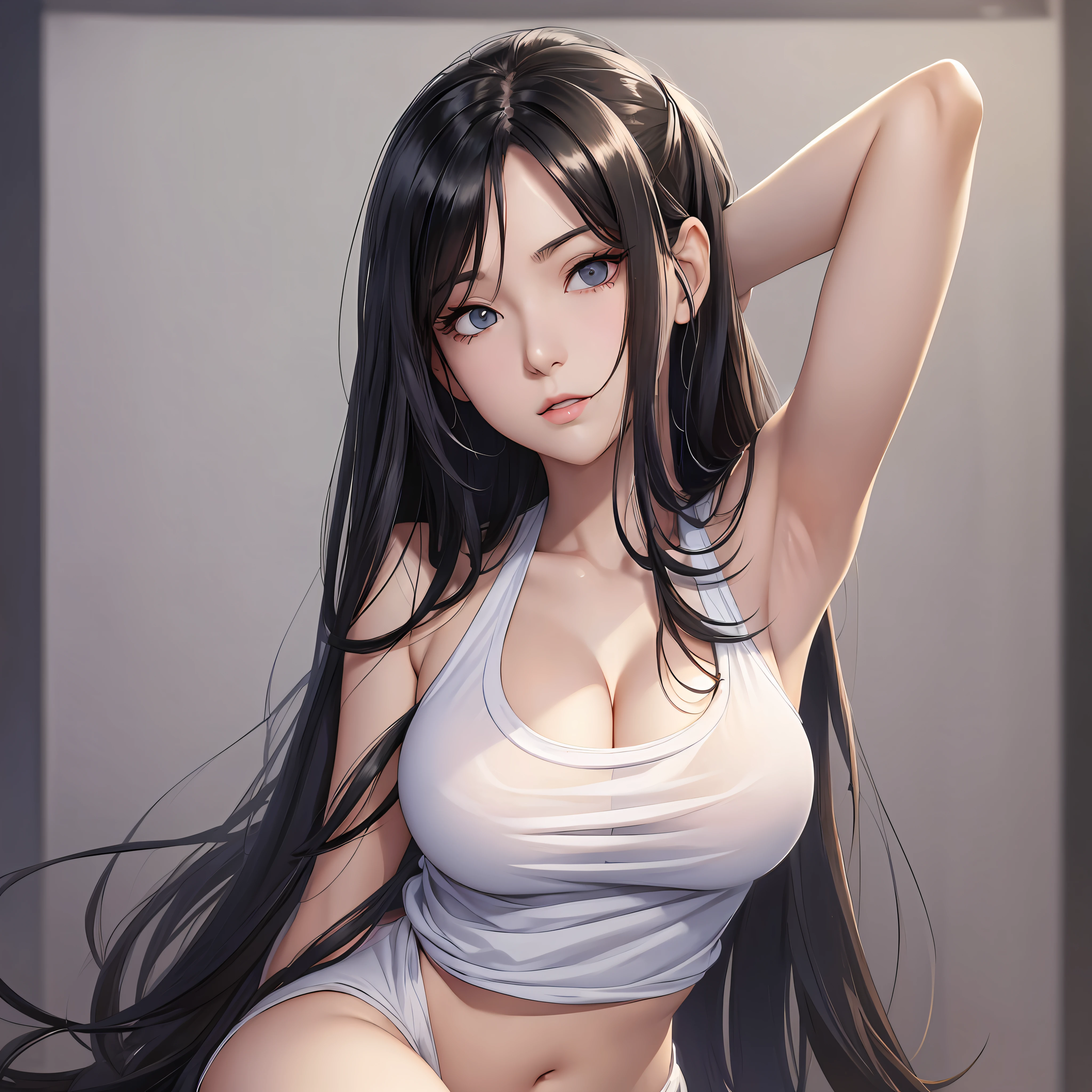 a drawing of a woman with long black hair and a white shirt, side boob, heavy gesture style closeup, flat anime style shading, full body illustration, extra detail, clean detailed anime style, wearing a white tanktop, wearing tanktop, thick border lines --auto --s2