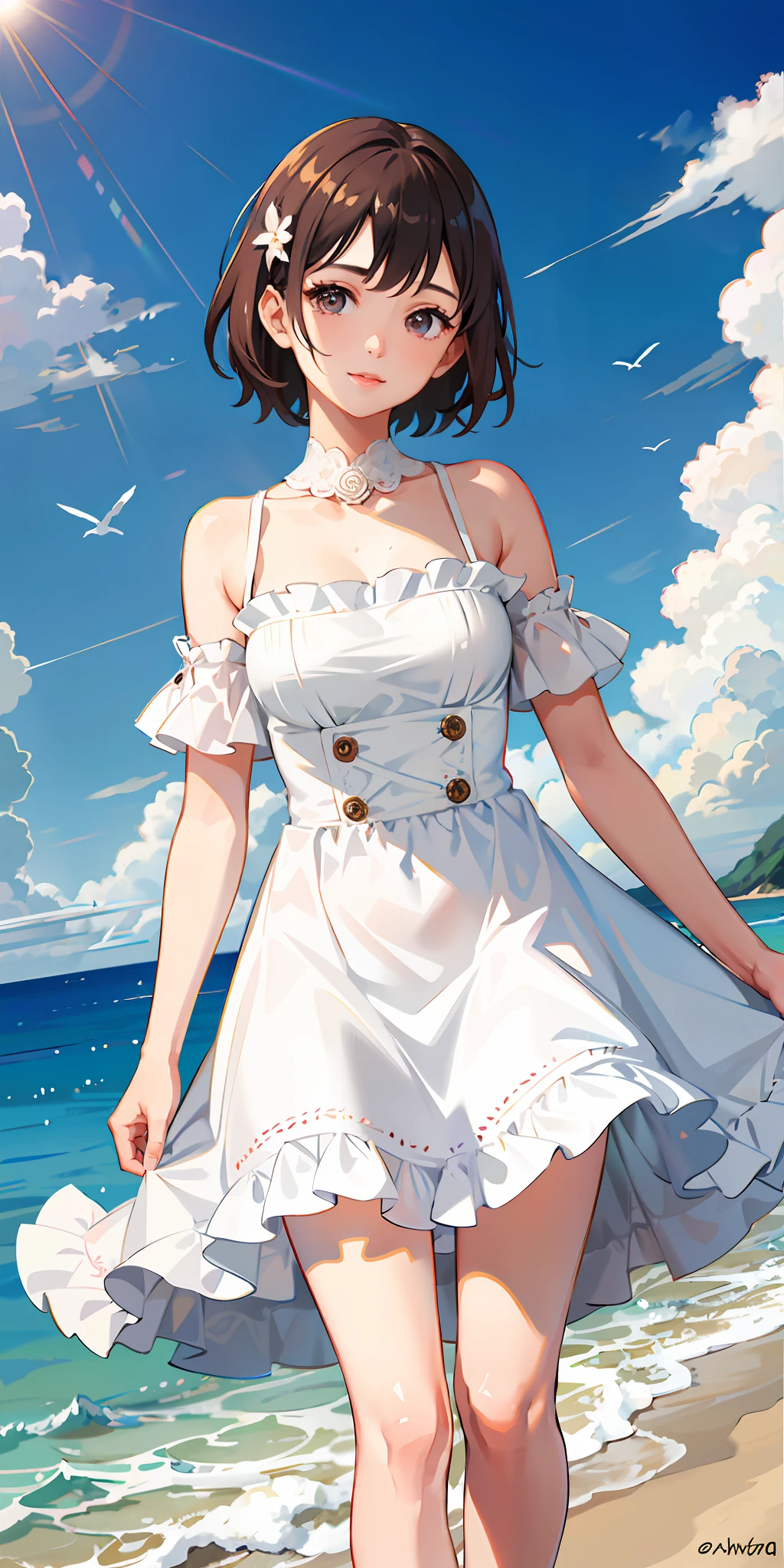 Pixie cut, beautiful girl who looks exactly like Kai Kokoai of STU48, Kai Kokoai, Exactly like Kai Kokoai, smile, STU48's favorite person, STU48's 3rd single "I love you" costume, STU48 single lover costume, Very short hair, more short hair, short short hair, short short hair, dark brown hair, 1 girl, 18 years old, photo, realistic, top quality, detailed face, strong sunlight, sea, embankment, detailed background, diffused sunlight, depth of field, bokeh (best quality: 1.2), (masterpiece: 1.2), looking at the viewer, knee-length long dress with white short-sleeved collar, with collar, long dress, best smile, more thin light blue stripes,
