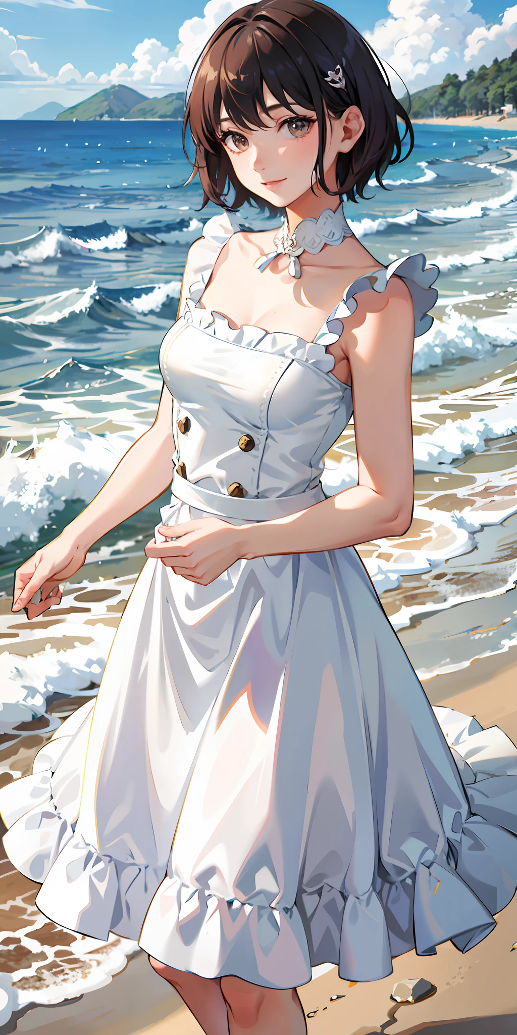 Pixie cut, beautiful girl who looks exactly like Kai Kokoai of STU48, Kai Kokoai, Exactly like Kai Kokoai, smile, STU48's favorite person, STU48's 3rd single "I love you" costume, STU48 single lover costume, Very short hair, more short hair, short short hair, short short hair, dark brown hair, 1 girl, 18 years old, photo, realistic, top quality, detailed face, strong sunlight, sea, embankment, detailed background, diffused sunlight, depth of field, bokeh (best quality: 1.2), (masterpiece: 1.2), looking at the viewer, knee-length long dress with white short-sleeved collar, with collar, long dress, best smile, more thin light blue stripes,