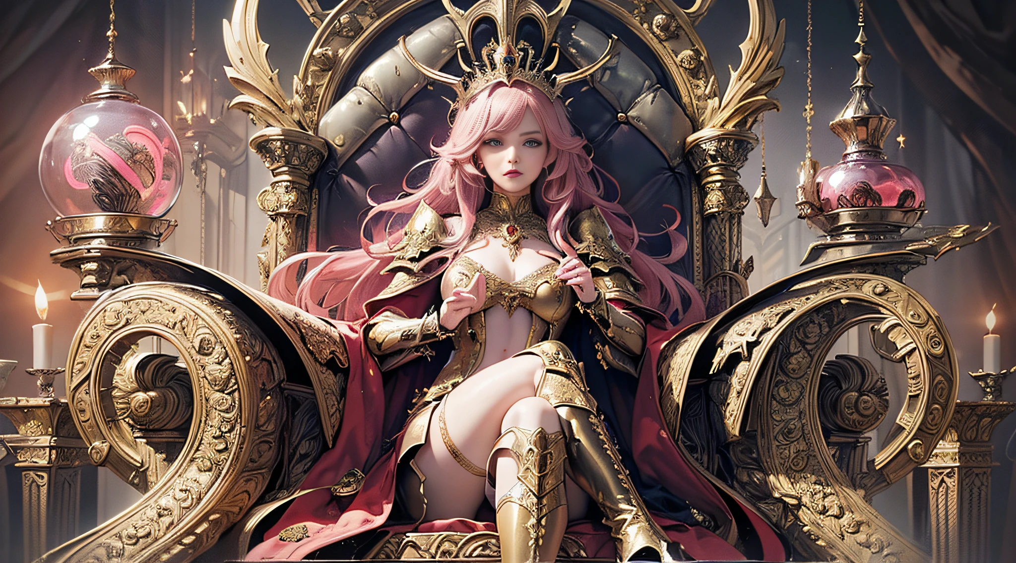 ((Masterpiece, highest quality)), ((Cinematic Light)), Fantastic, Wisdom, Devil, Mix, Horror, Dark Fantasy, Detailed Armor, (Insanely Detailed, Flower), Detailed Long Boots, Beautiful Detailed Eyes, Pink Hair, Long Hair, ((Floating Hair)), Navel, Long Cape, Otherworldly, Luxurious Gold Decoration, Throne Room, Sitting on the Throne, Large and Luxurious Throne