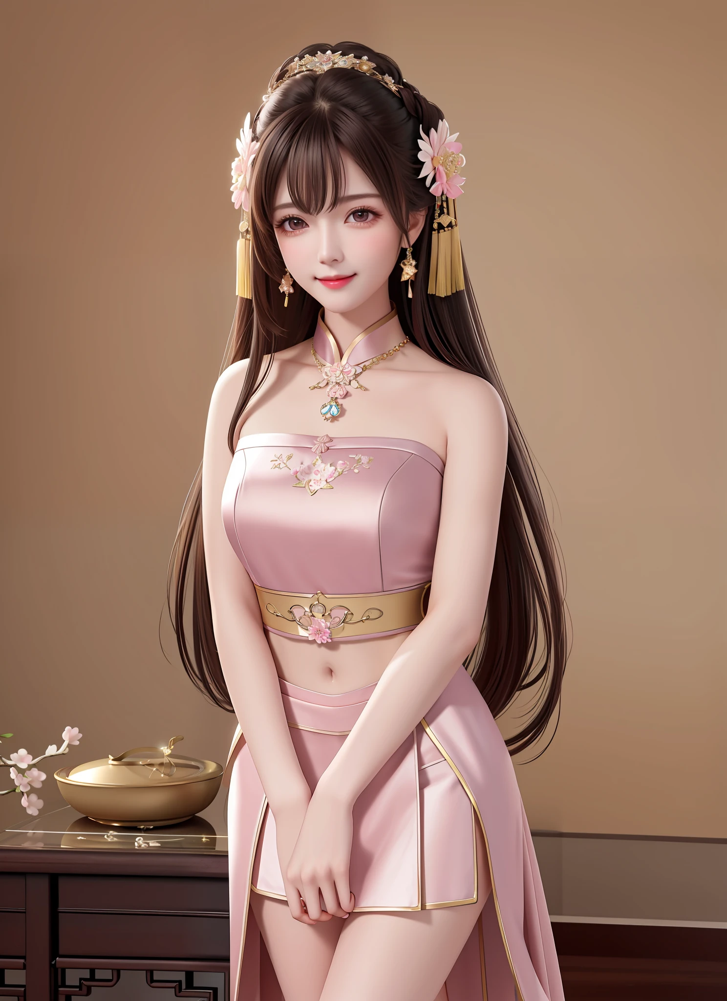 Superb Quality, Masterpiece, High Resolution, 1girl, Blush, (Seductive Smile: 0.8), Star Eyes, Chinese Hanfu Belly Pocket, Clothes Cutout, Hair Accessories, Necklaces, Jewelry, Beauty, on_body, Tyndall Effect, Realistic, Shadow Room, Light Edge, Two-tone Lighting, (High Detail Skin: 1.2), 8K UHD, DSLR, Soft Light, High Quality, Volume Lighting, Voyeur, Photo, High Resolution, 4K, 8K, Background Blur, Shoulders Exposed, Arms Exposed, Thighs Exposed, Bracelet, Leg Chain, Dog collar with neck, folding fan in hand, cutout chest, short skirt