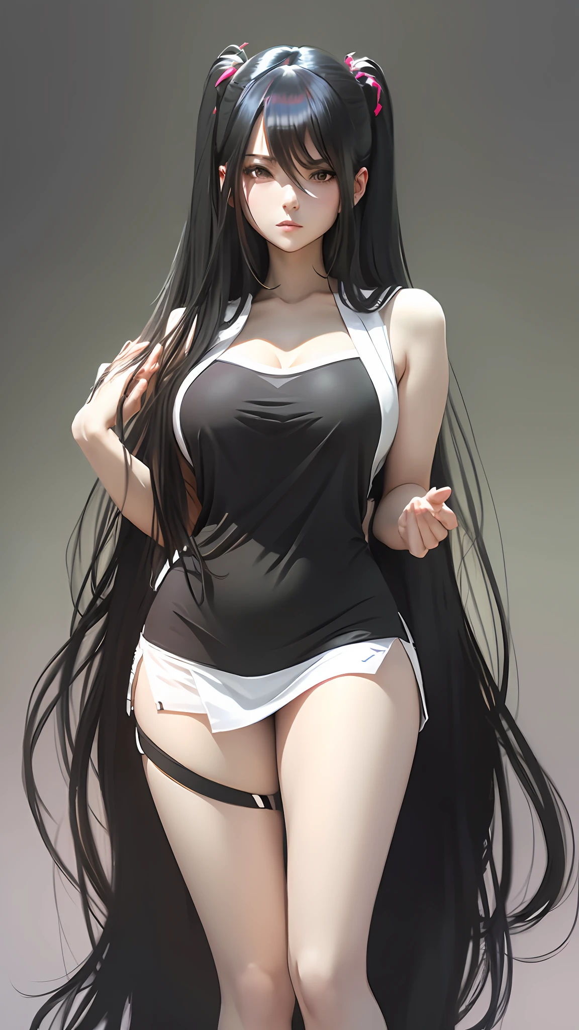 a drawing of a woman with long black hair and a white shirt, side boob, heavy gesture style closeup, flat anime style shading, full body illustration, extra detail, clean detailed anime style, wearing a white tanktop, wearing tanktop, thick border lines --auto --s2