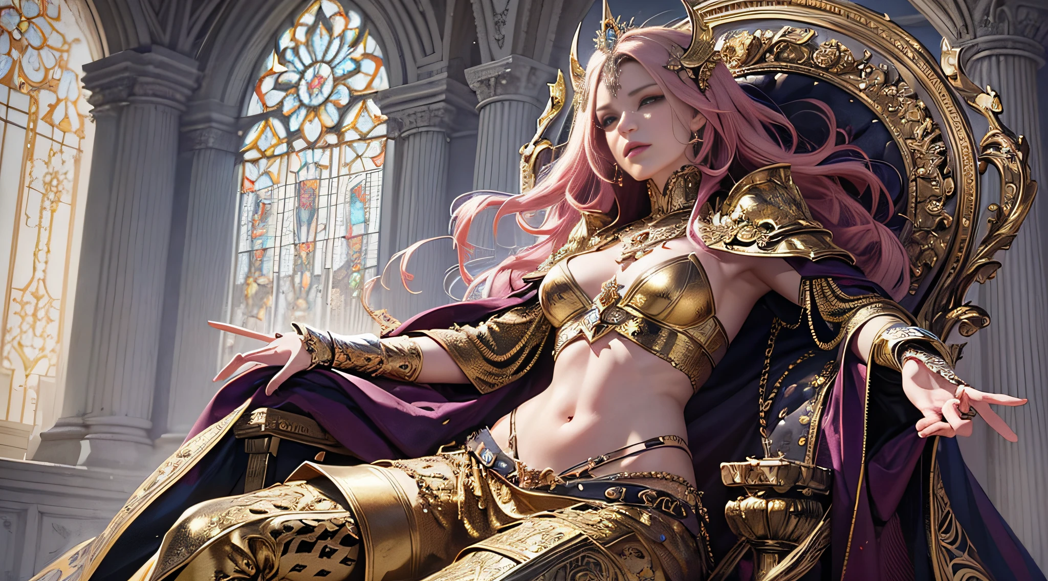 ((Masterpiece, highest quality)), ((Cinematic Light)), Fantastic, Wisdom, Devil, Mix, Horror, Dark Fantasy, Detailed Armor, (Insanely Detailed, Flower), Detailed Long Boots, Beautiful Detailed Eyes, Pink Hair, Long Hair, ((Floating Hair)), Navel, Long Cape, Otherworldly, Luxurious Gold Decoration, Throne Room, Sitting on the Throne, Large and Luxurious Throne