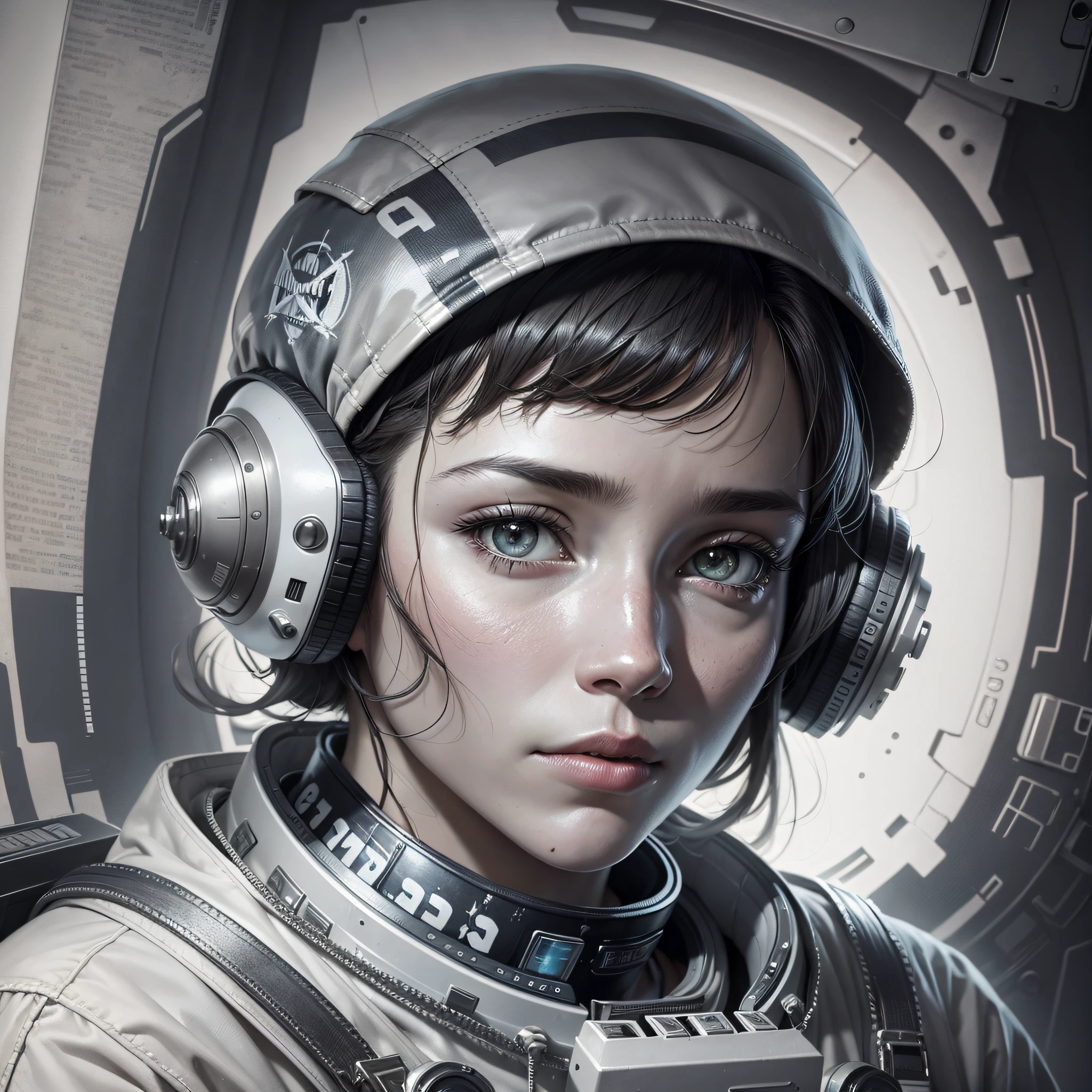 photorealistic, uniform astronaut in the style of guardians of the galaxy, gray, monochrome image predominantly gray, bleak environment, self-portrait --auto --s2