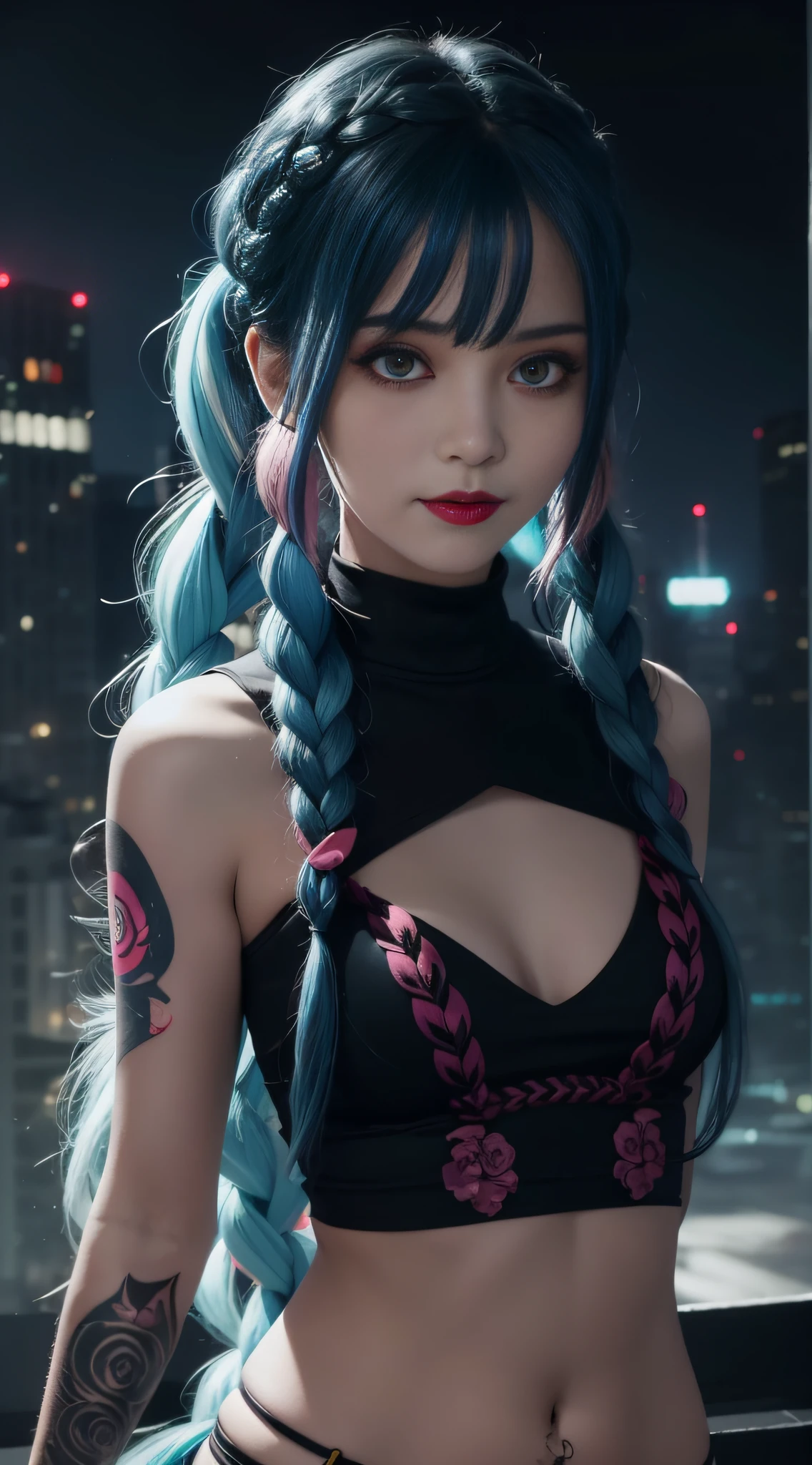 glowing, face focus, portrait, crazy, insanity, glowing pink eyes,arcane style, 1girl, arm tattoo, asymmetrical bangs, bangs, blue hair, braid, brown shirt, cloud tattoo, looking at viewer, laughing, crazy, uncontrollable laugh, mad look, night, city, green hair, long hair, midriff, pink eyes, red lips, shirt, solo, standing, tattoo, twin braids, upper body, arcane jinx, jinx \(league of legends\)