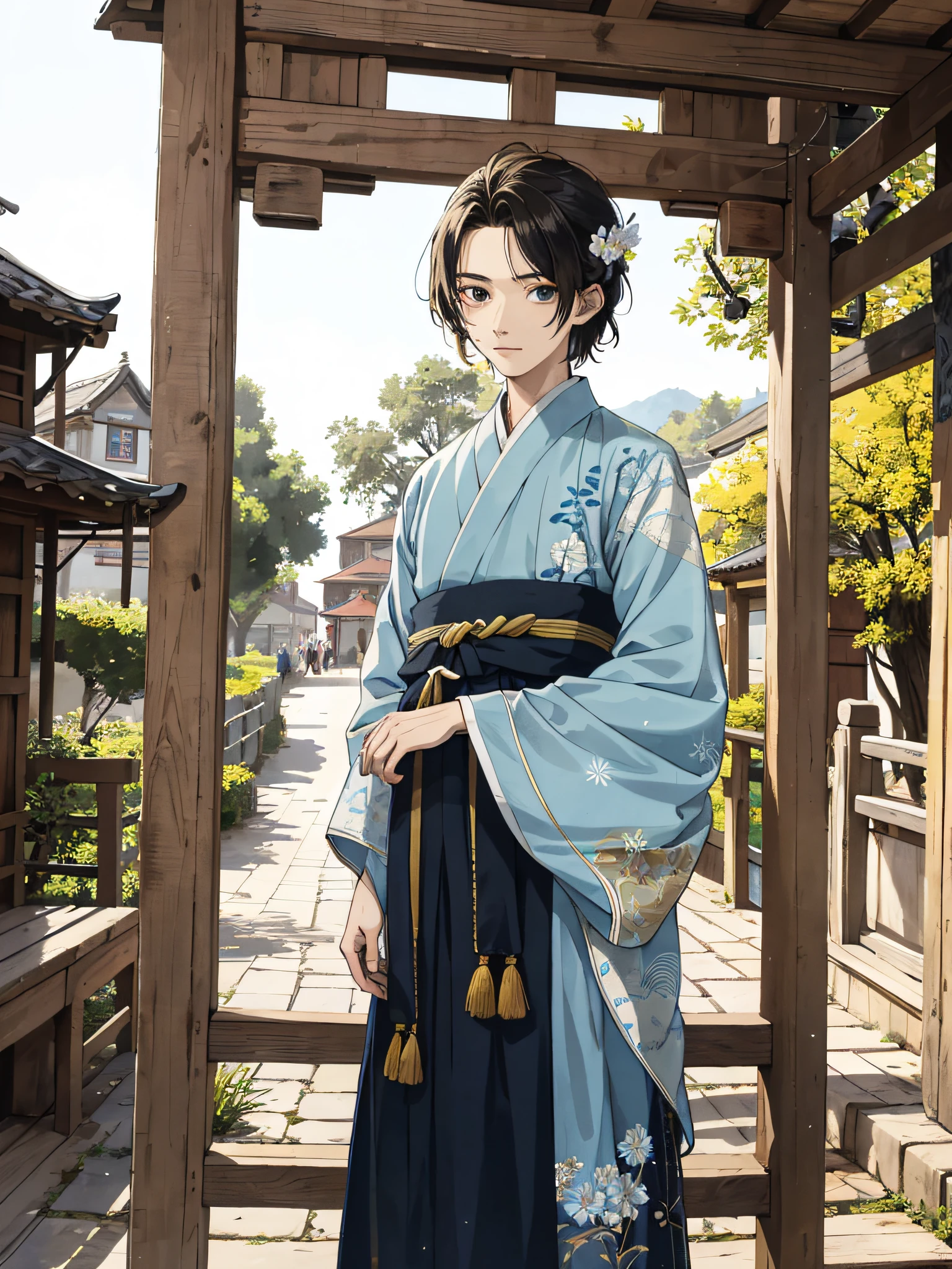 Absurd, high definition, super detailed, texture details, clear presentation, HD details, detail performance, fine details, clear face, precise restoration, clear eyeballs, (1 person: 1.3), hand-drawn, simple lines, an 18-year-old man in colorful Hanfu, standing at the entrance of the village, masterpiece, sunny day, looking at the camera