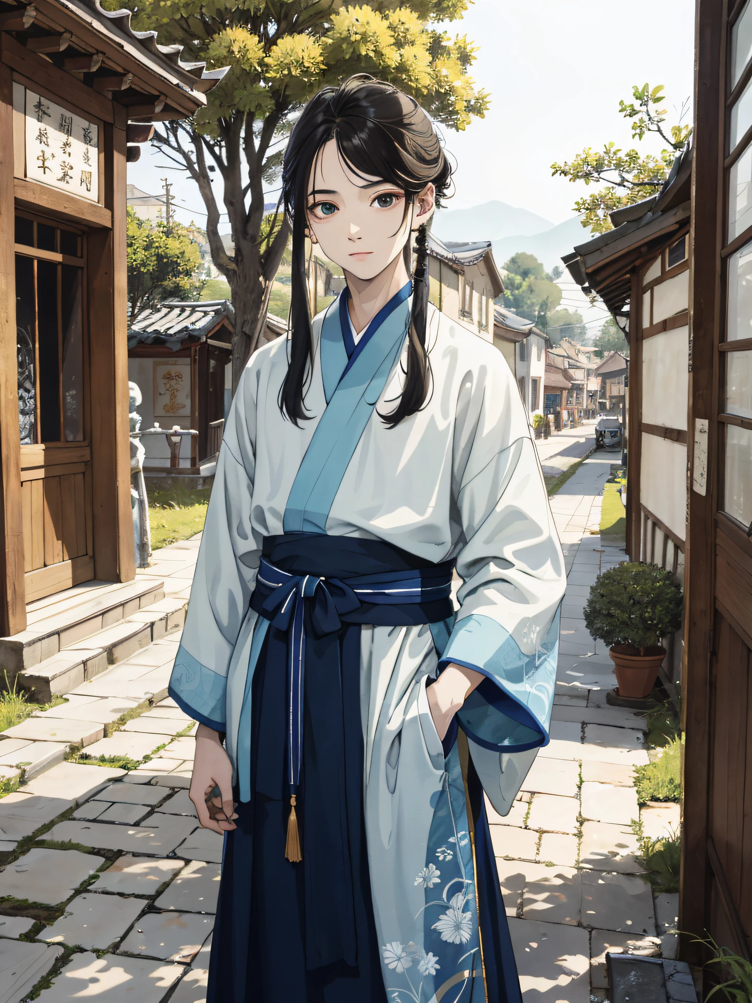 Absurd, high definition, super detailed, texture details, clear presentation, HD details, detail performance, fine details, clear face, precise restoration, clear eyeballs, (1 person: 1.3), hand-drawn, simple lines, an 18-year-old man in colorful Hanfu, standing at the entrance of the village, masterpiece, sunny day, looking at the camera