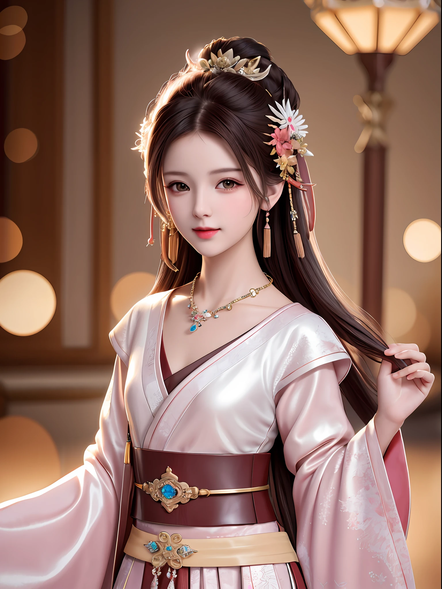 best quality, masterpiece, highres, 1girl, blush, (seductive smile:0.8), star pupils, red porcelain hanfu, hair accessories, necklace, jewelry, beauty, human body, tyndall effect, realistic, dark studio, edge lighting, two-tone lighting, (high detail skin: 1.2), 8k uhd, DSLR, soft light, high quality, volumetric lighting, peek, photo, high resolution, 4k, 8k, bokeh, (small head) mouth plug, leather