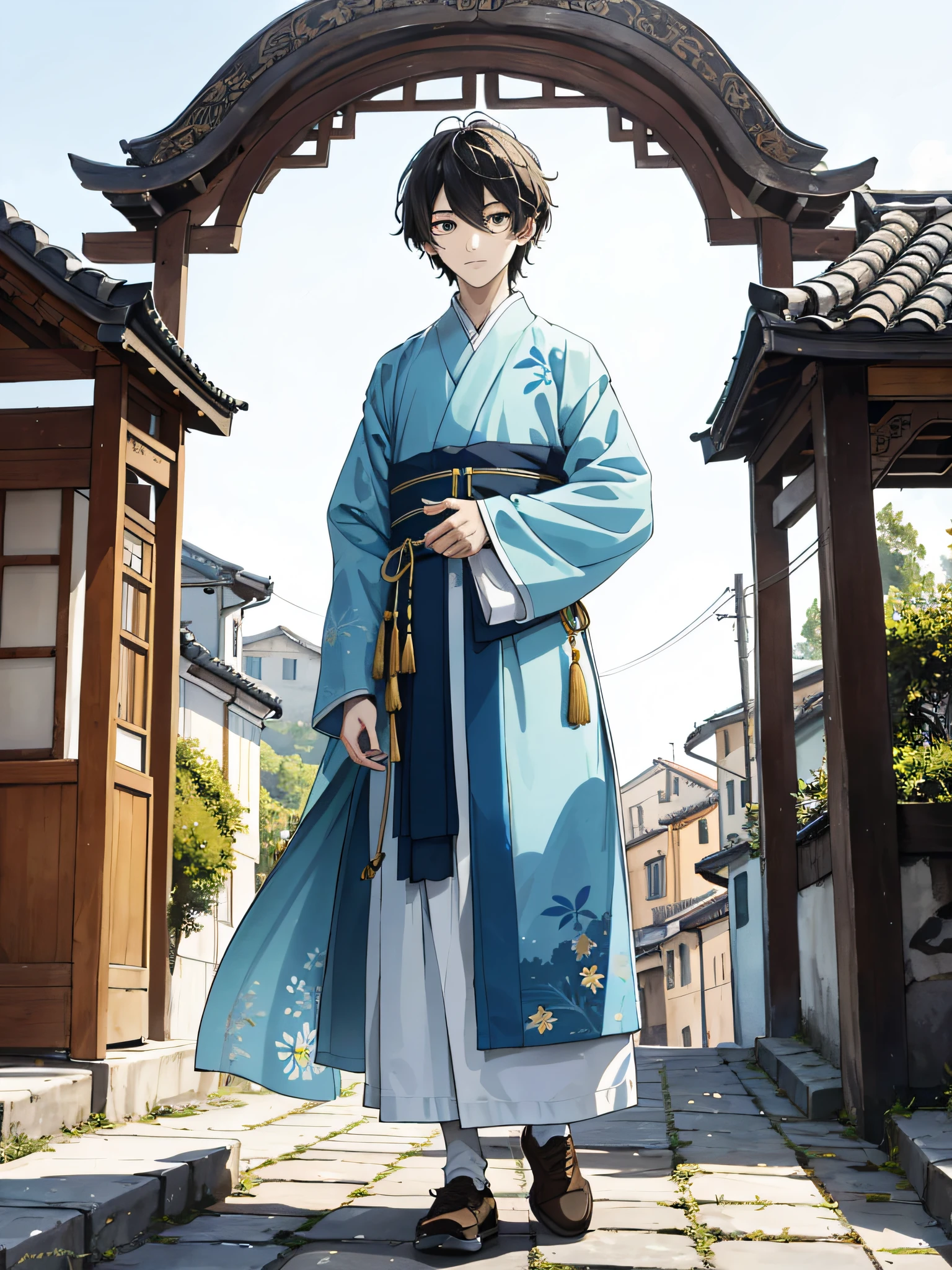 Absurd, high definition, super detailed, texture details, clear presentation, HD details, detail performance, fine details, clear face, precise restoration, clear eyeballs, (1 person: 1.3), hand-drawn, simple lines, an 18-year-old man in colorful Hanfu, standing at the entrance of the village, masterpiece, sunny day, looking at the camera, dynamic running